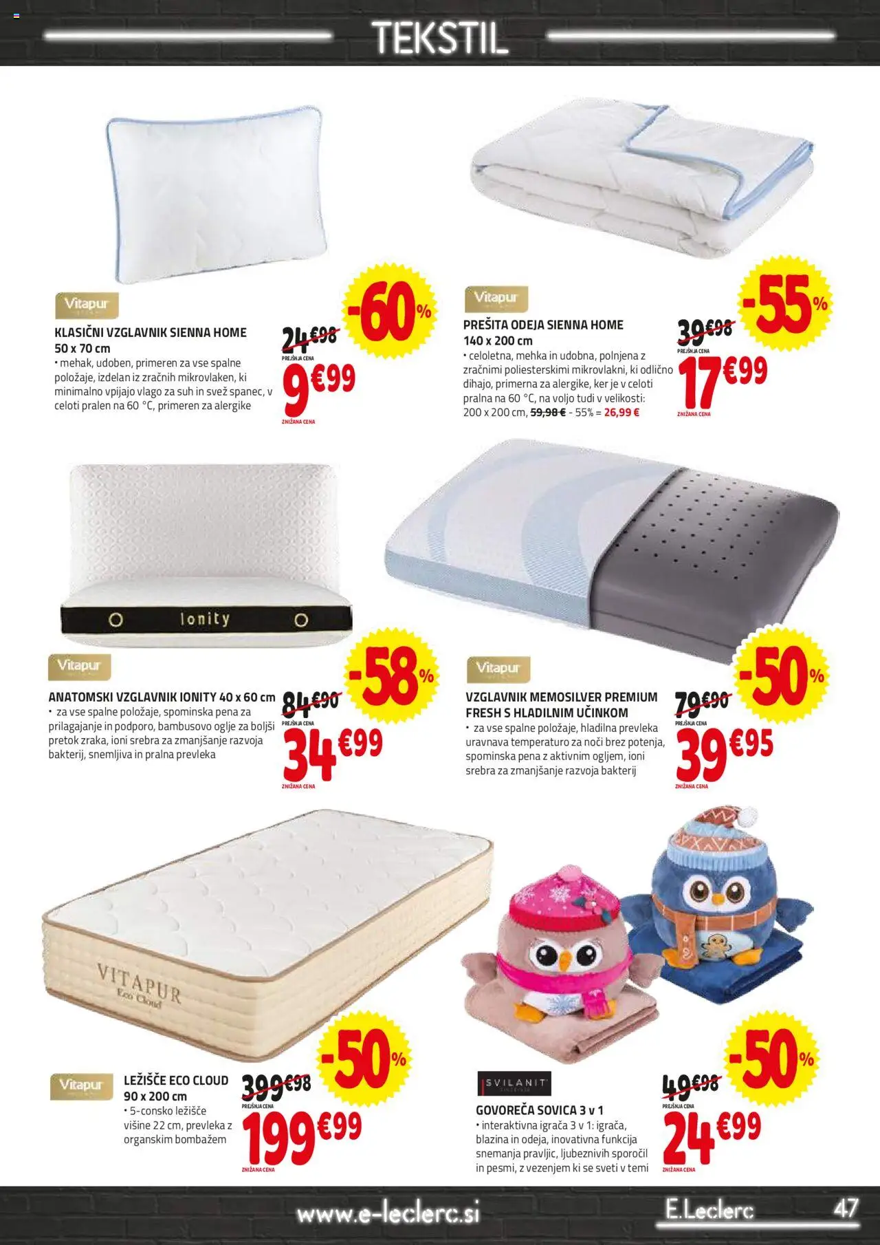 E.leclerc katalog │ velja od 20.08.2025 | Stran: 47 | Izdelki: Vzglavnik, Ležišče, Blazina, Odeja