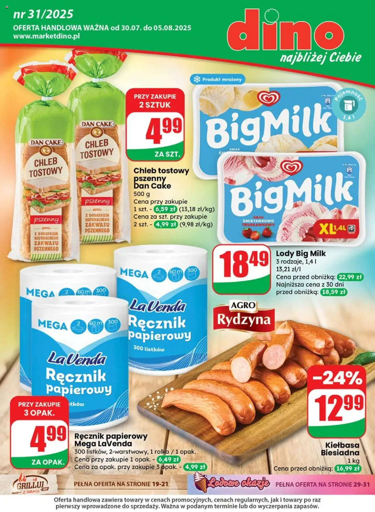 Dino Gazetka od 30.07.2025 | Strona: 1 | Produkty: Chleb tostowy, Chleb, Lody, Ręcznik papierowy