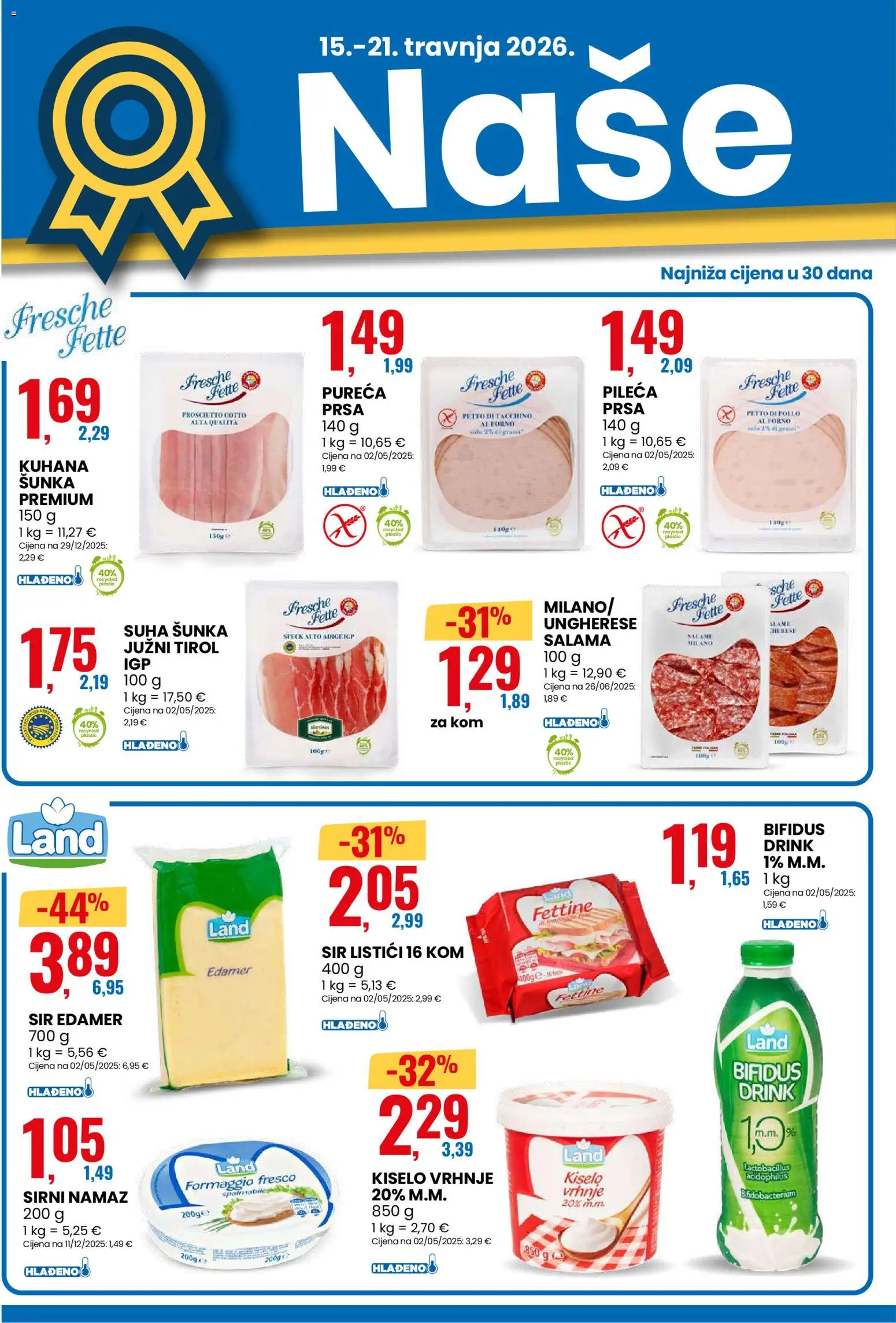 Eurospin katalog | vrijedi od 15.04.2026 | Stranica: 2 | Proizvodi: Salama, Šunka, Kiselo vrhnje, Namaz