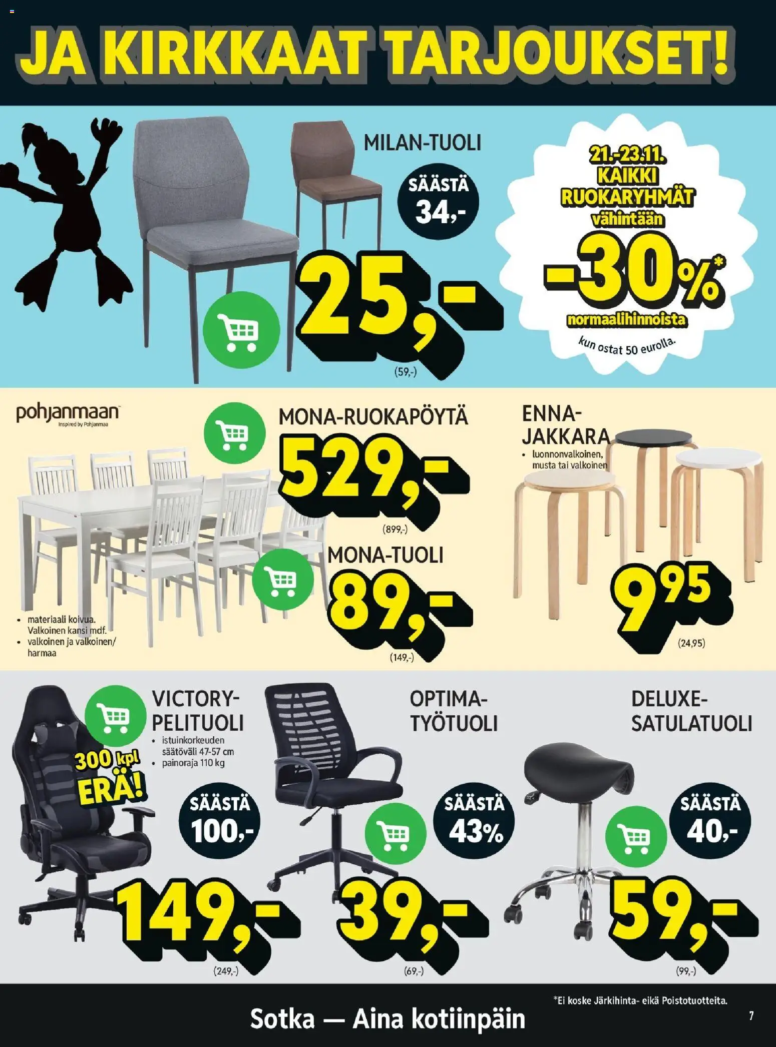 Sotka tarjoukset – voimassa 21.11.2025 alkaen | Sivu: 7 | Tuotteet: Jakkara, Kansi, Satulatuoli, Pelituoli