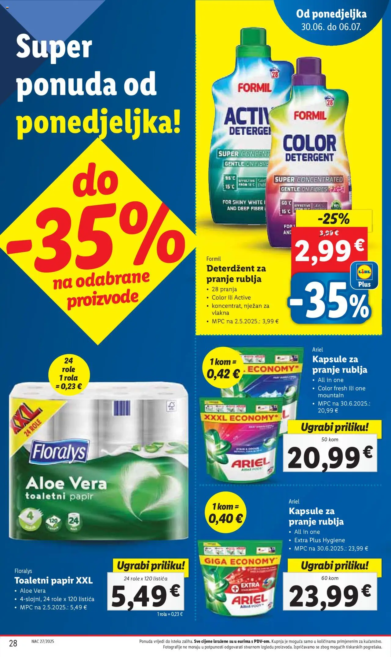 Lidl katalog | vrijedi od 30.06.2025 | Stranica: 28 | Proizvodi: Role, Toaletni papir, Kapsule za pranje rublja, Ariel