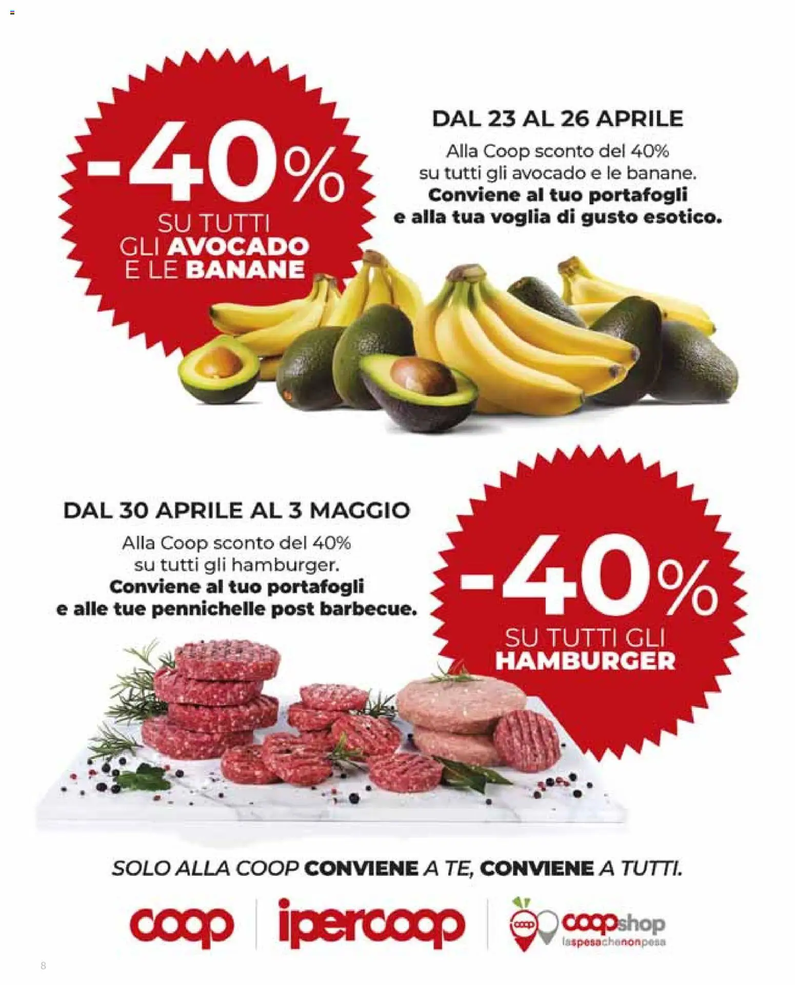Volantino Ipercoop del 23.04.2026 | Pagina: 8 | Prodotti: Banane, Avocado, Hamburger