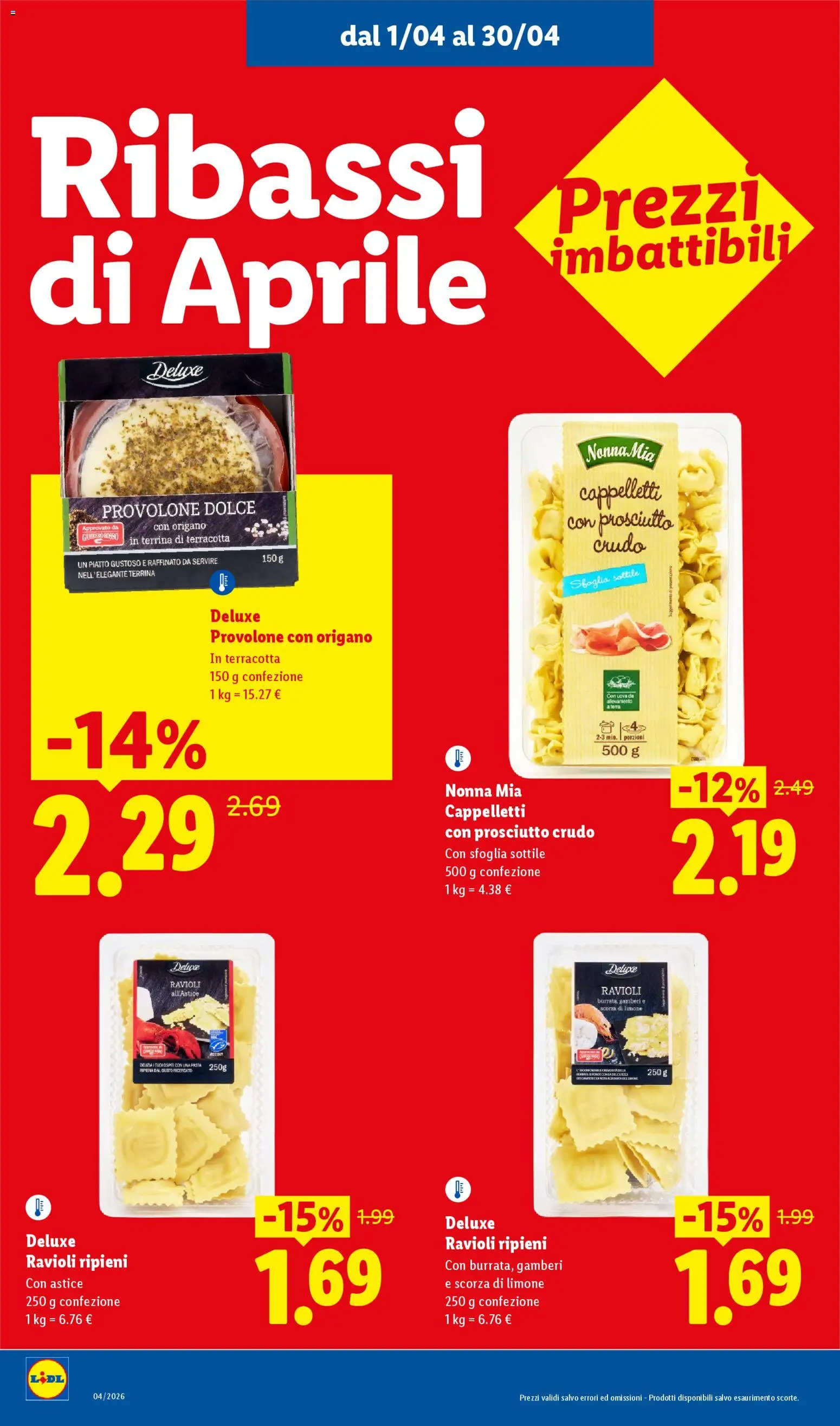 Volantino Lidl del 01.04.2026 | Pagina: 2 | Prodotti: Gamberi, Prosciutto, Ravioli, Piatto
