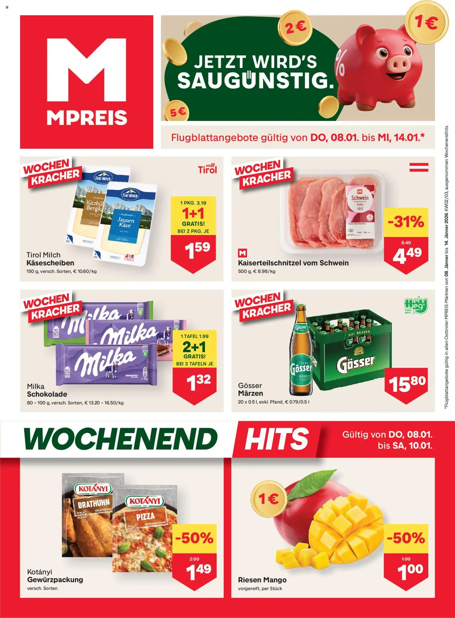 MPREIS Osttirol gültig ab 08.01.2026 | Seite: 1 | Produkte: Mango, Milch, Schokolade, Pizza