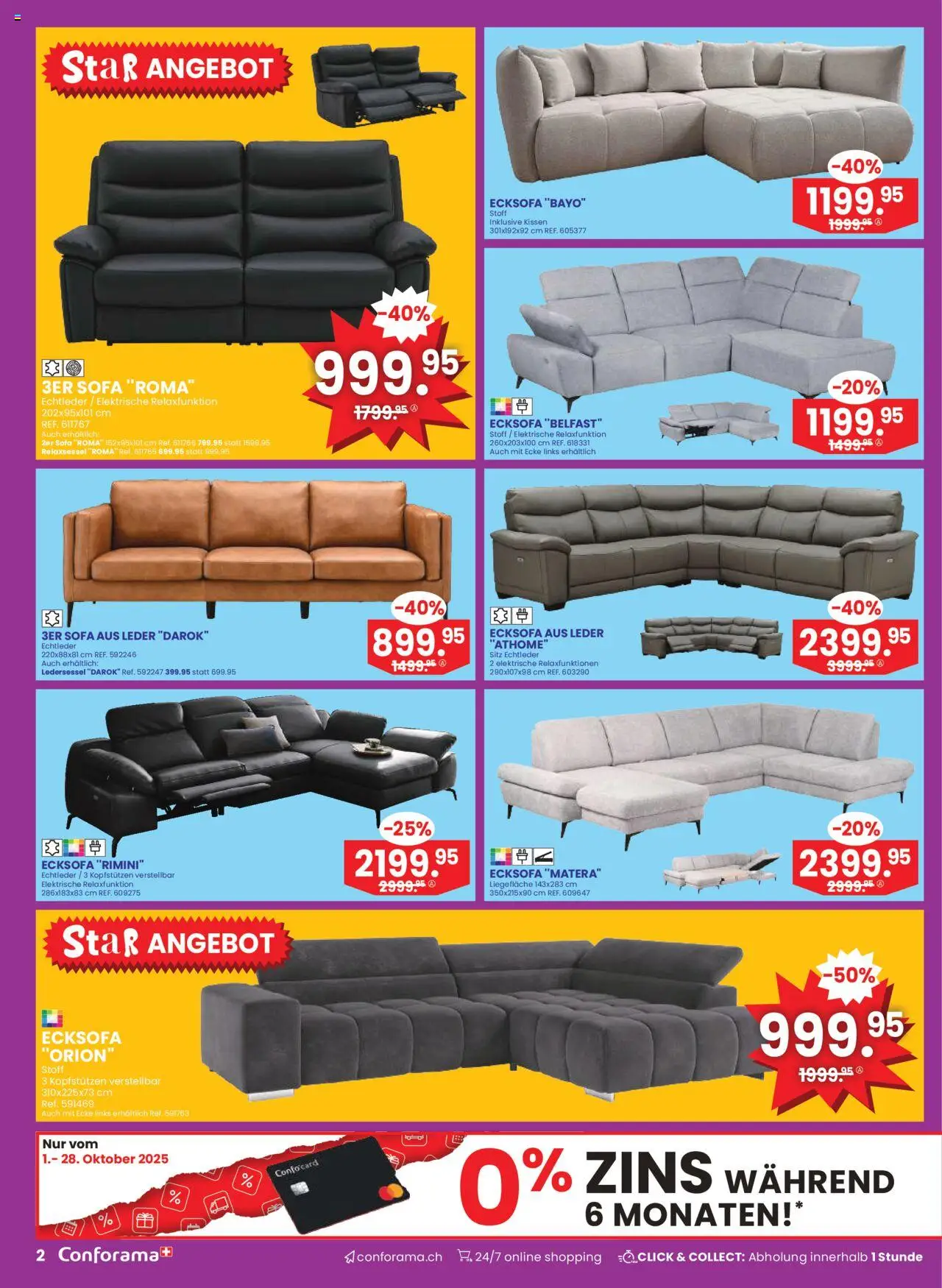 Conforama Aktionen – gültig ab 01.10.2025 | Seite: 2 | Produkte: Kissen, Sofa, Ecksofa, Relaxsessel