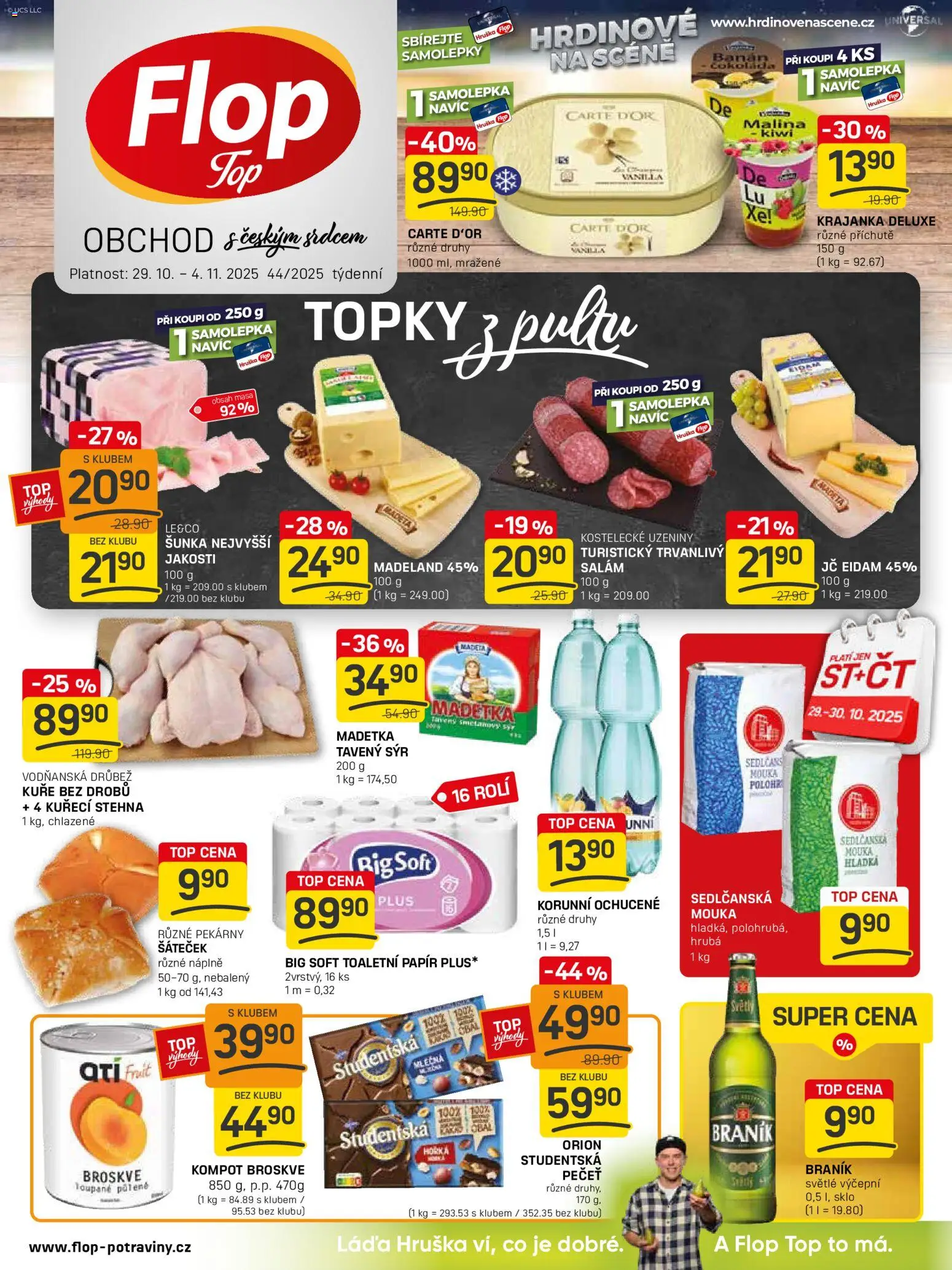 Flop leták - FlopTop od 29.10.2025 | Strana: 1 | Produkty: Eidam, Mouka, Carte d'or, Kuřecí stehna