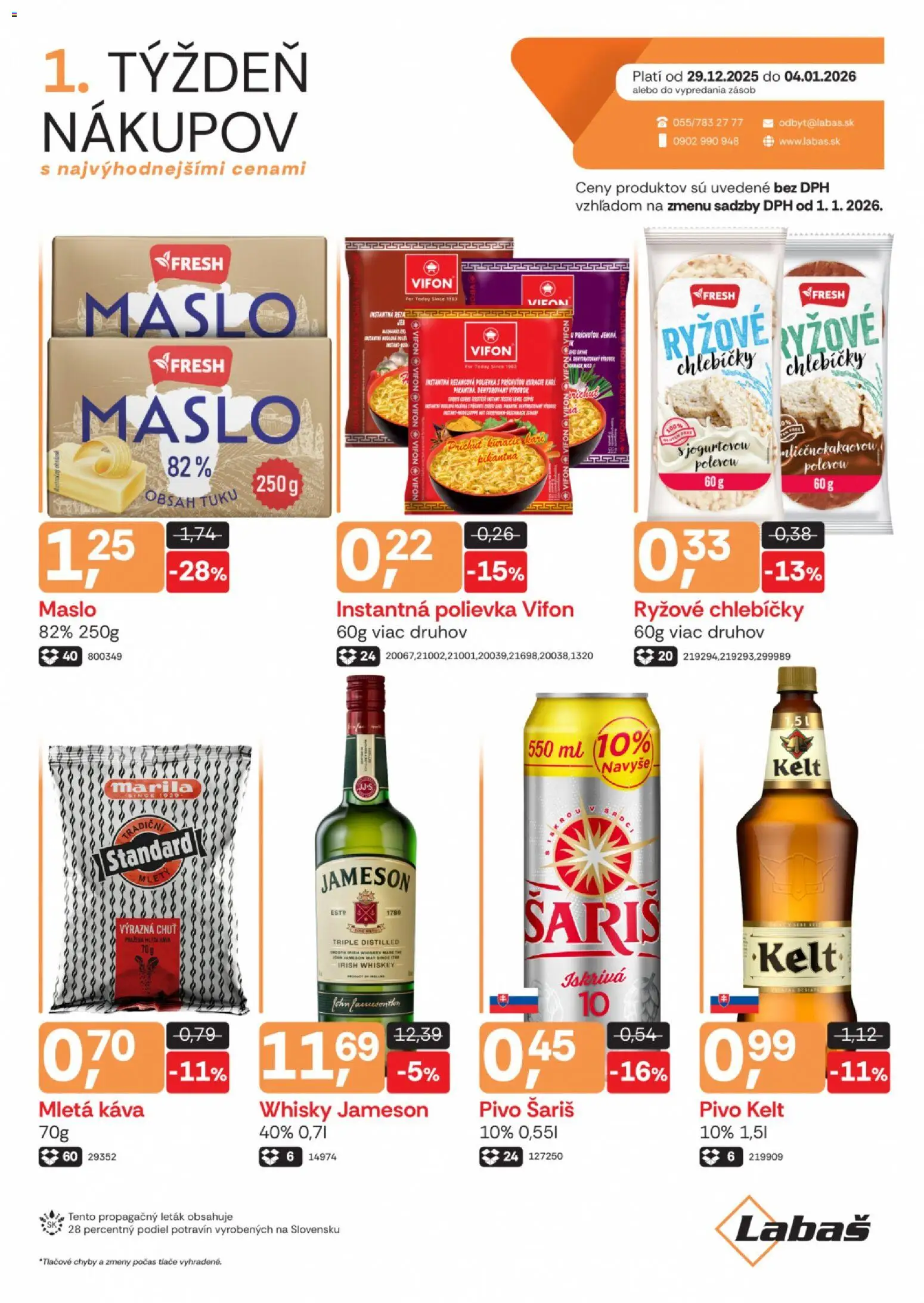 Nové Labaš akcie – leták je platný od 29.12.2025 | Strana: 1 | Produkty: Maslo, Pivo, Káva, Šariš