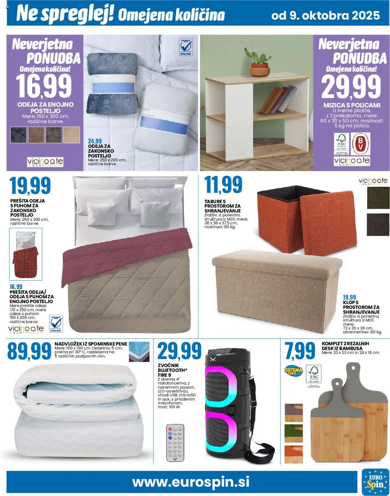 Novi Eurospin katalog ponudbe – veljaven od 09.10.2025 | Stran: 19 | Izdelki: Zvocnik, Nadvložek, Odeja, Tabure