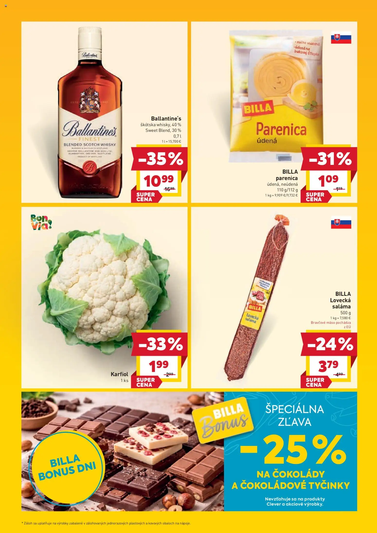 Nové Billa akcie – leták je platný od 30.03.2026 | Strana: 4 | Produkty: Saláma, Karfiol, Bravčové mäso, Whisky