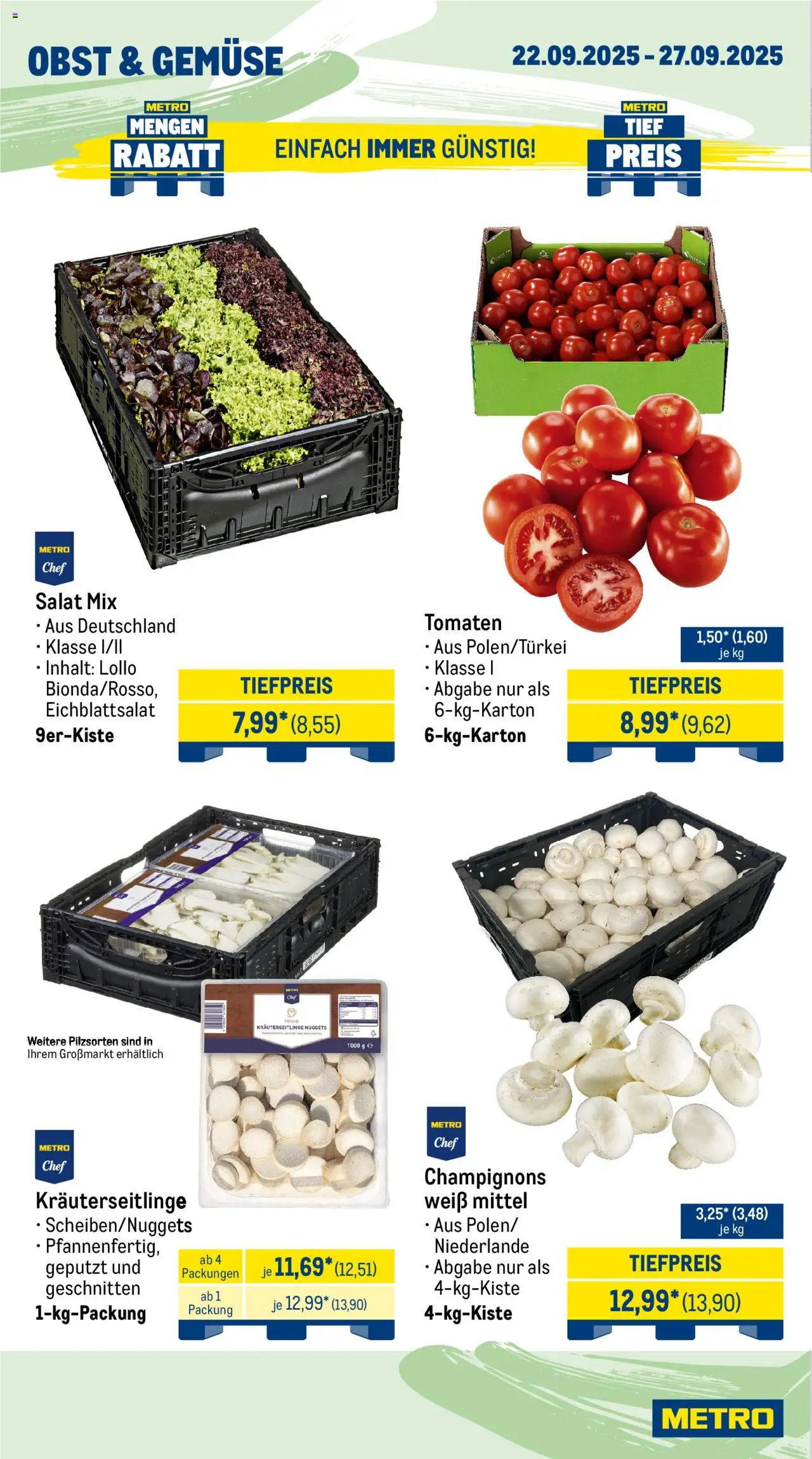 Metro Wochen-Angebote Gastro – gültig ab 22.09.2025 | Seite: 8 | Produkte: Champignons, Gemüse, Obst, Salat