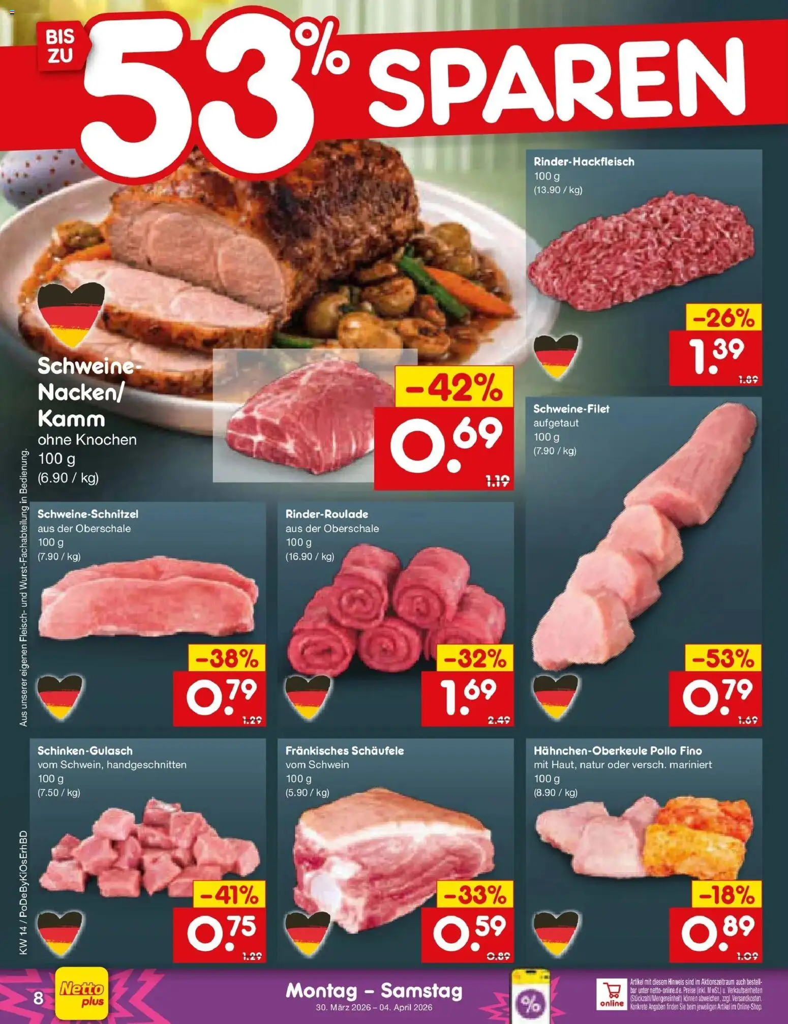 Netto Marken-Discount Prospekt Selb	 – gültig ab 29.03.2026 | Seite: 8 | Produkte: Schweinefilet, Fleisch