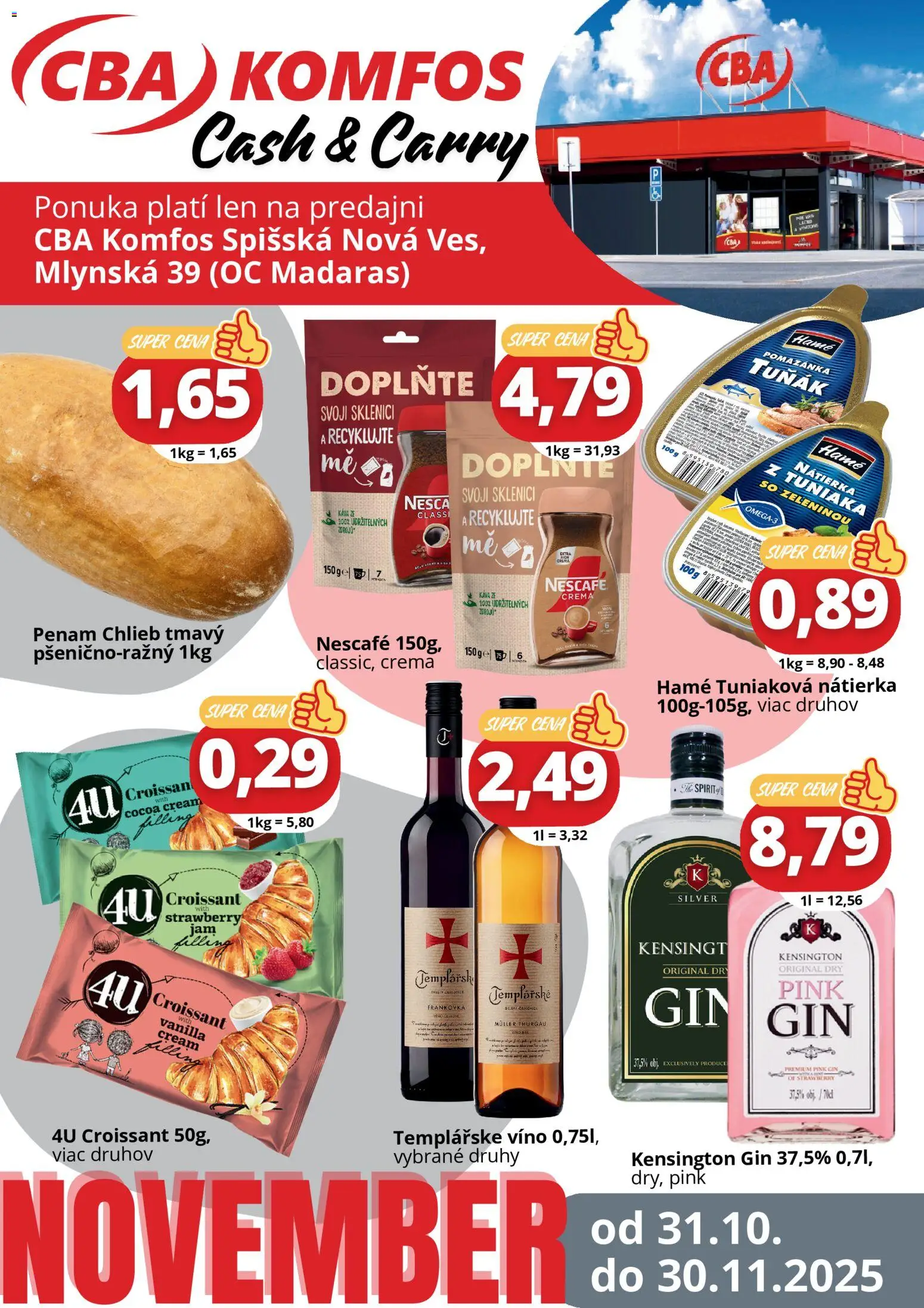 Nové CBA Komfos akcie – leták je platný od 31.10.2025 | Strana: 1 | Produkty: Káva, Víno, Croissant, Gin