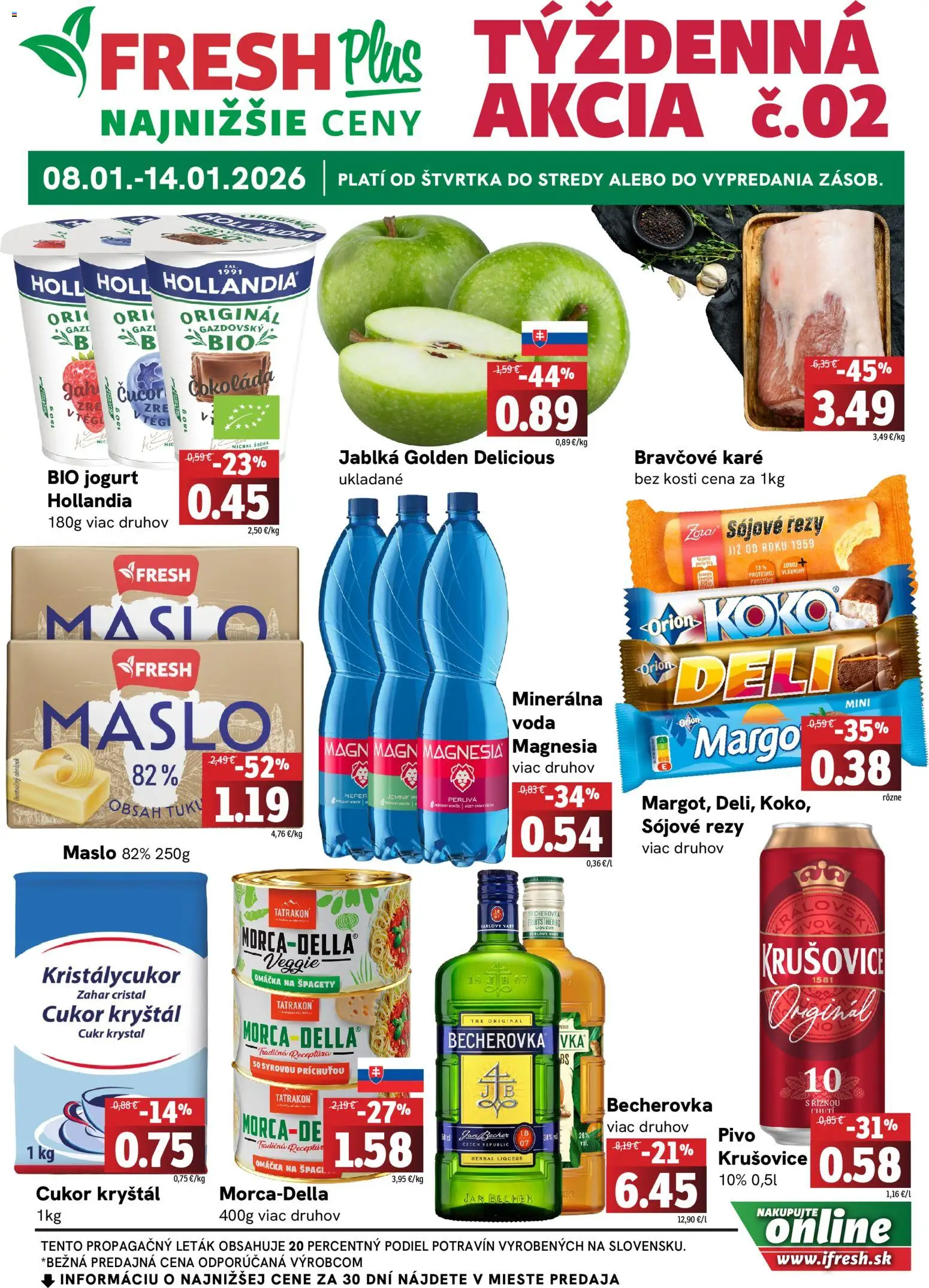 Nové Fresh akcie – leták je platný od 08.01.2026 | Strana: 1 | Produkty: Maslo, Pivo, Omáčka, Jar