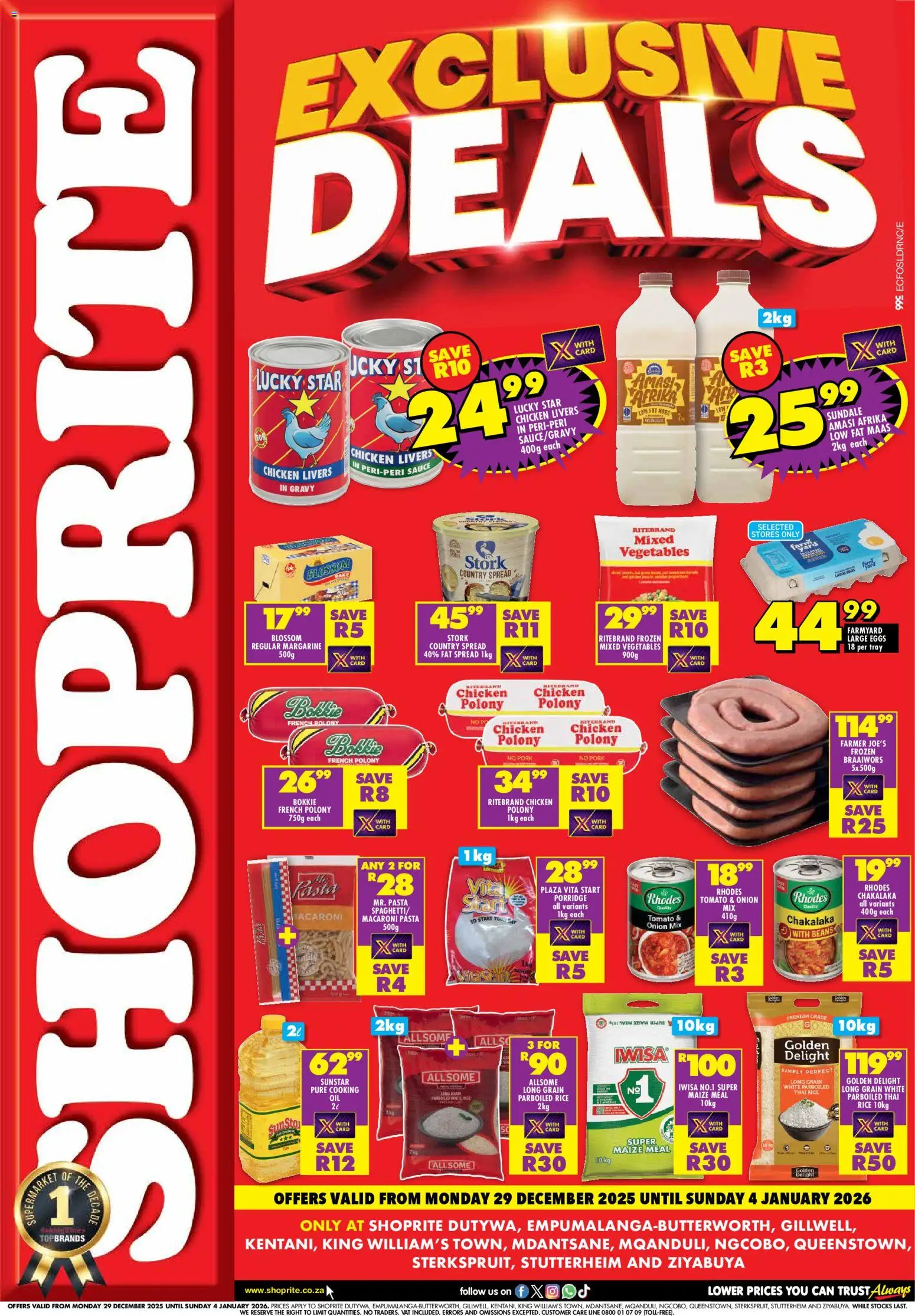 New Shoprite catalogue – valid from 29.12.2025 | Page: 1 | Products: Beans, Tray, Pasta, Fat spread