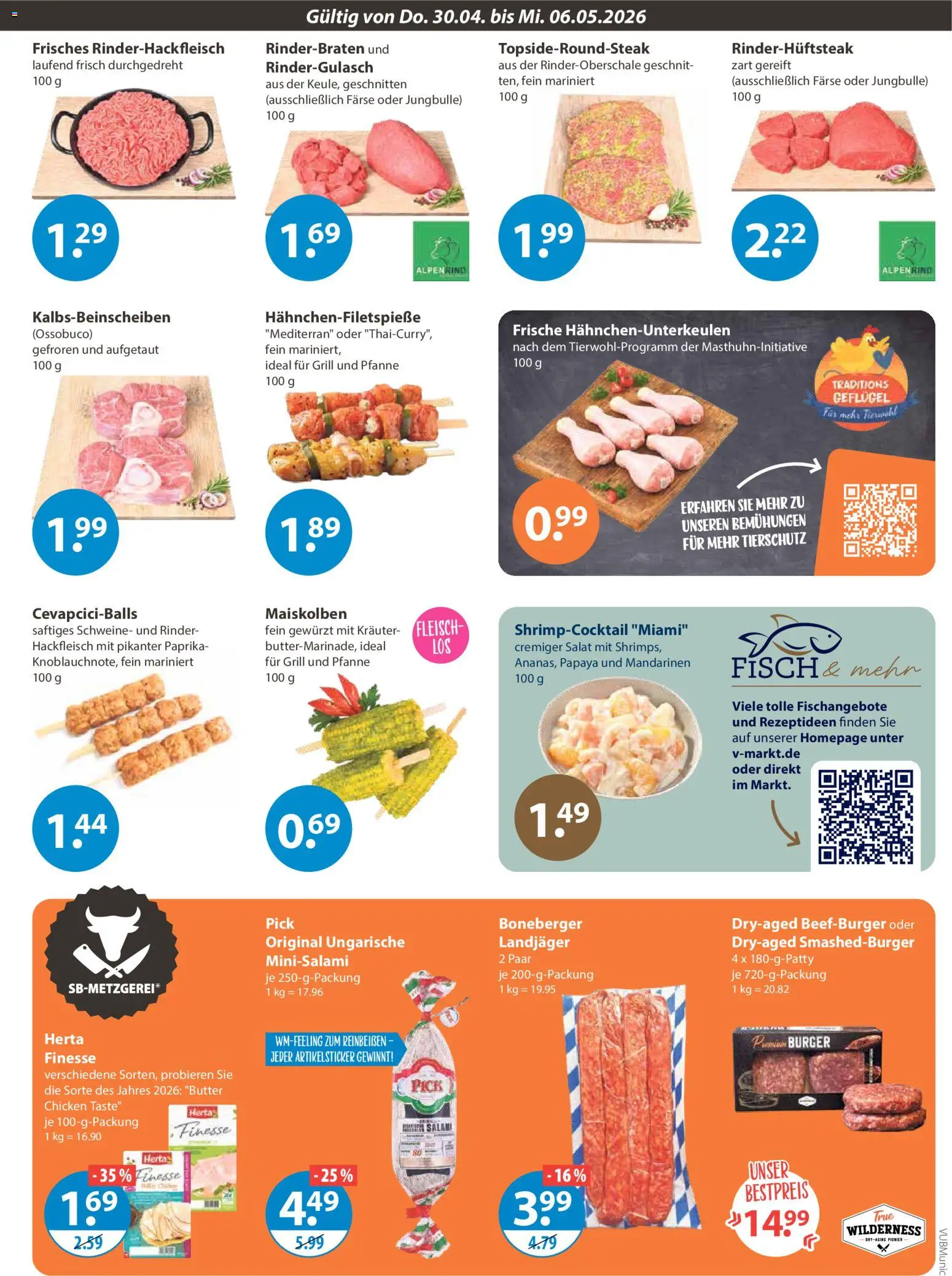 V-Markt München – gültig ab 30.04.2026 | Seite: 3 | Produkte: Rinderbraten, Fisch, Salami, Salat