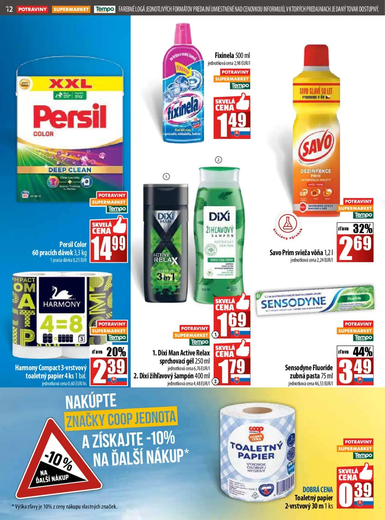 COOP Jednota leták │ platný od 21.08.2025 | Strana: 12 | Produkty: Persil, Šampón, Toaletný papier, Zubná pasta