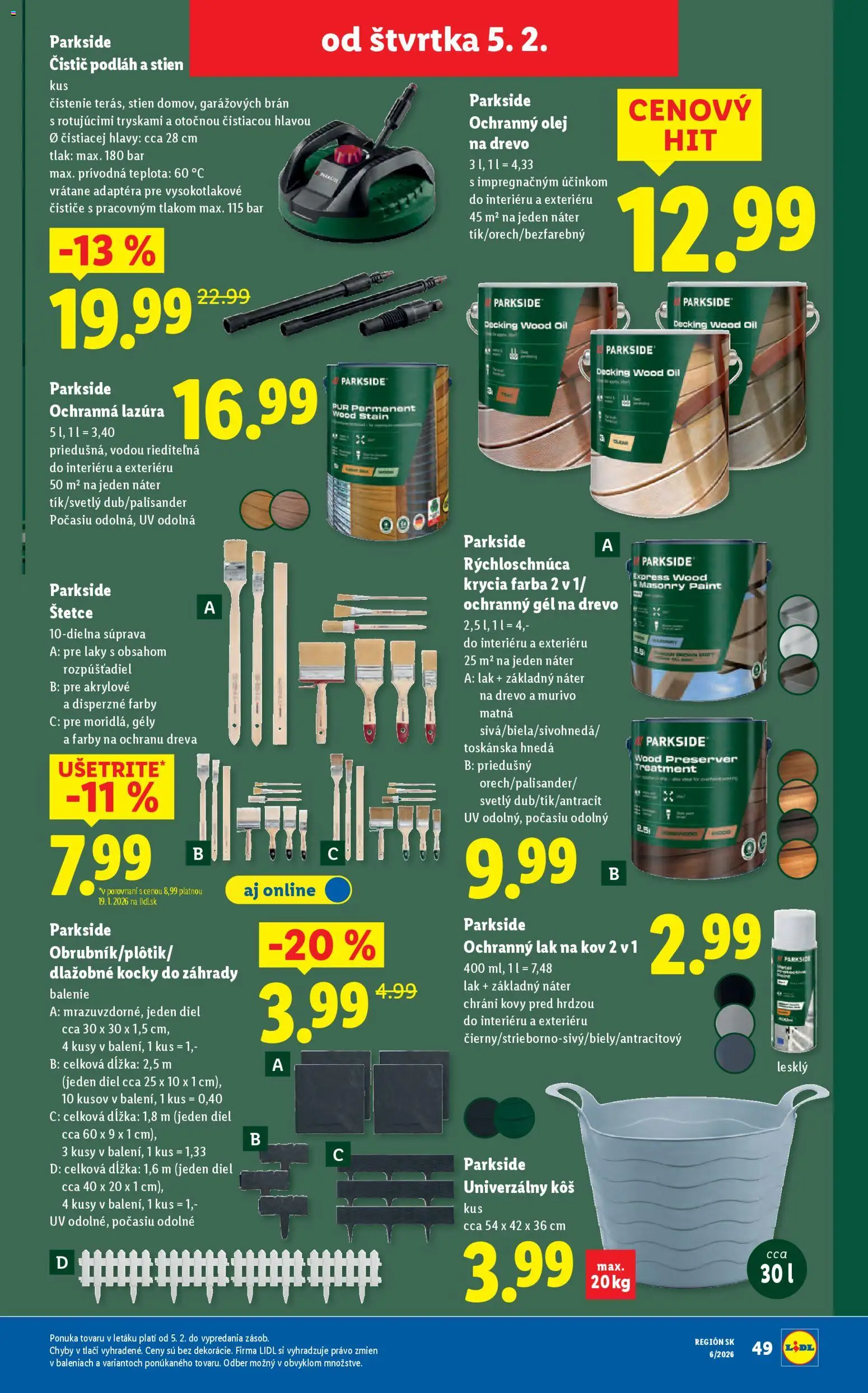 Nové Lidl akcie – leták je platný od 05.02.2026 | Strana: 45 | Produkty: Parkside, Olej, Kôš