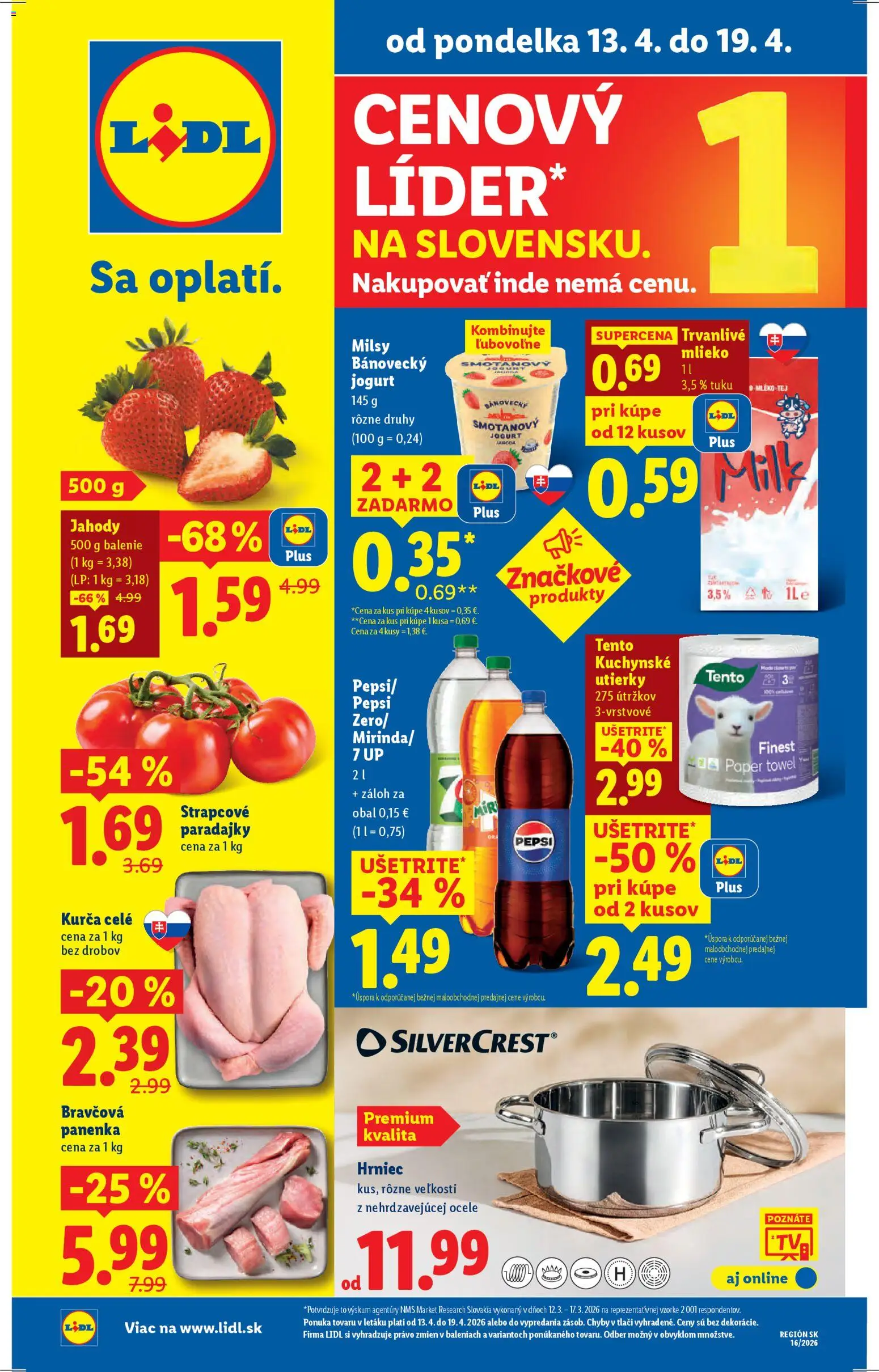 Nové Lidl akcie – leták je platný od 13.04.2026 | Strana: 1 | Produkty: Mlieko, Jogurt, Paradajky, Pepsi