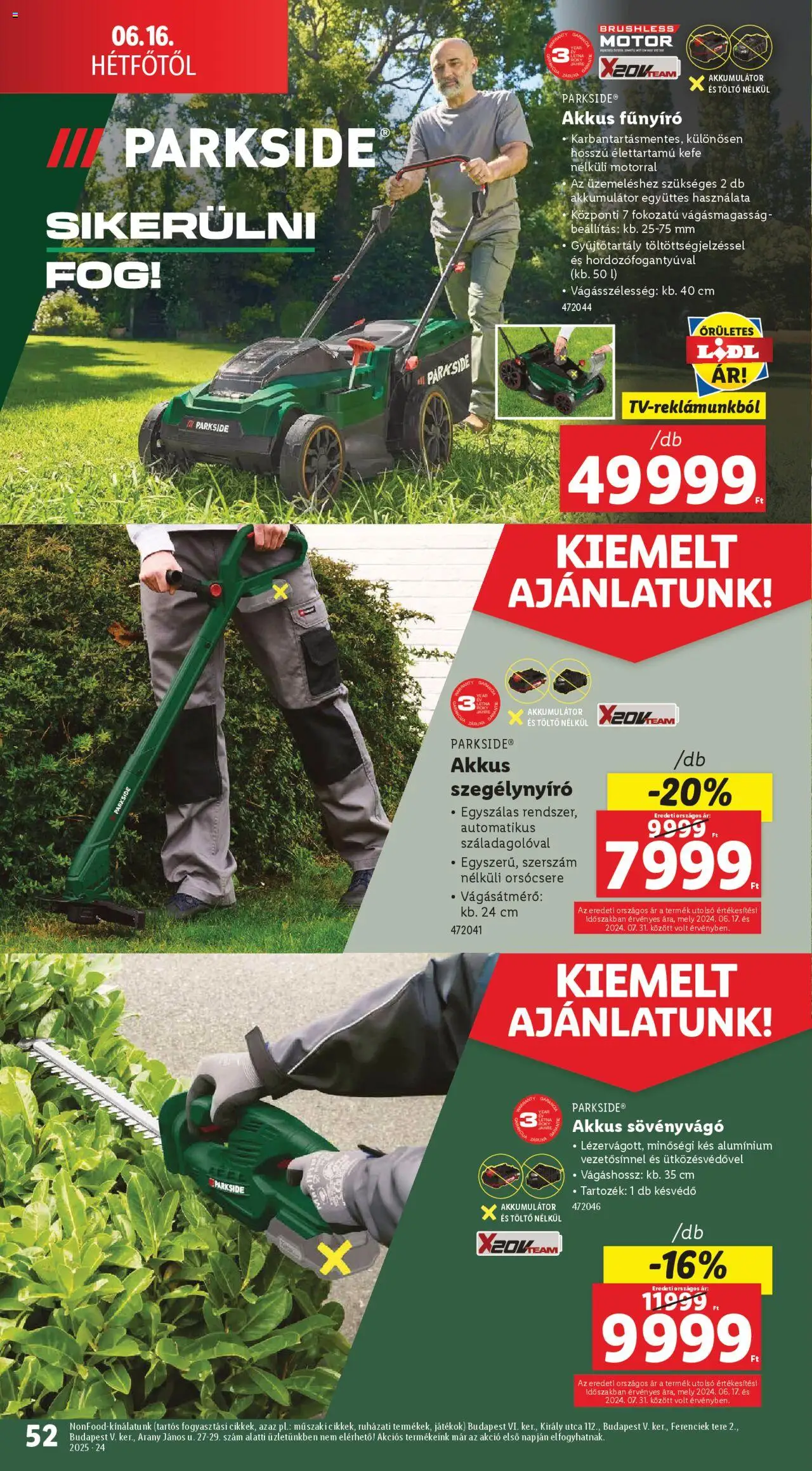 Lidl akciós ujság - amely érvényes a következő dátumtól: 12.06.2025 | Oldal: 52 | Termékek: Parkside, Akkumulátor, Fűnyíró, Sövényvágó