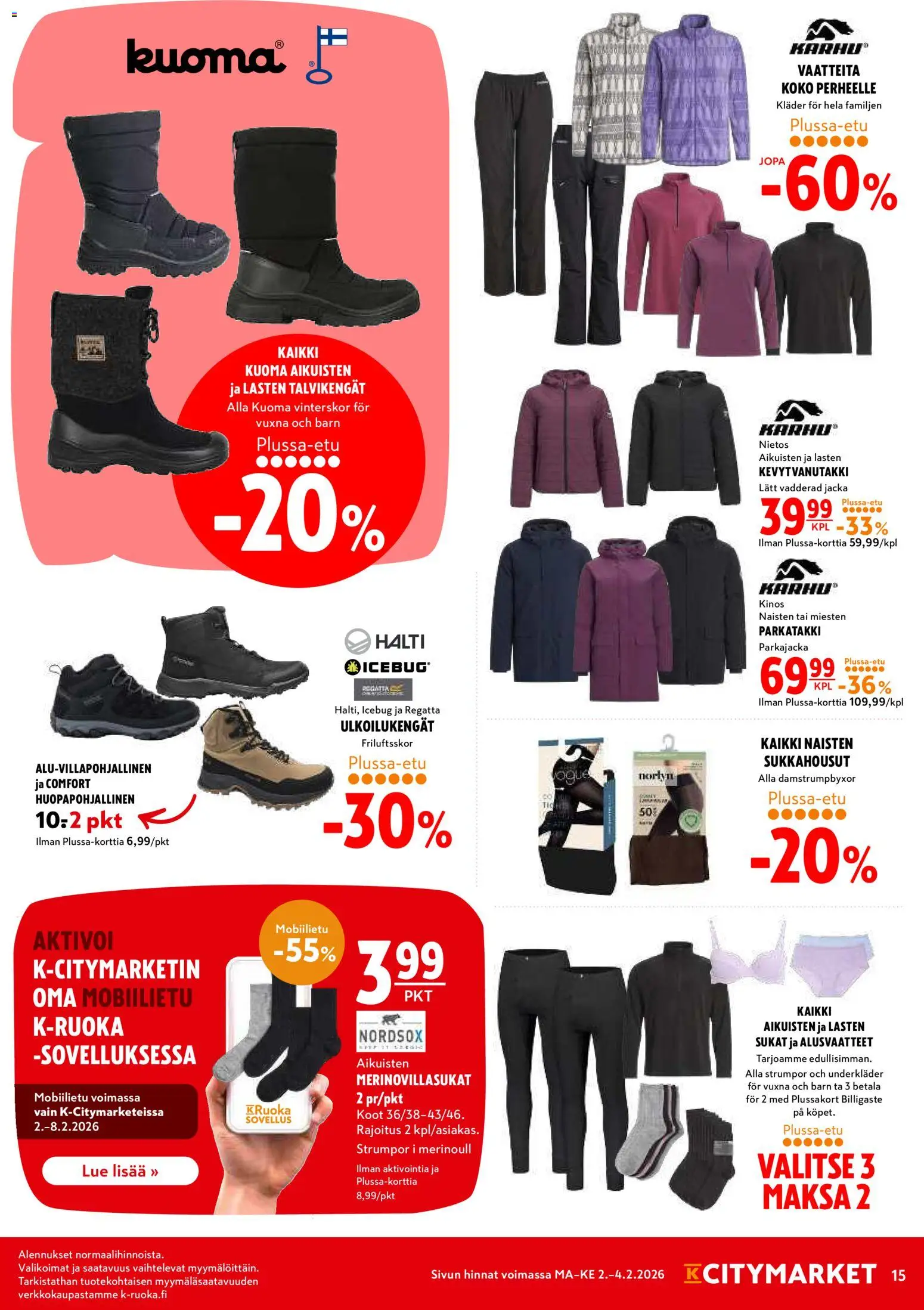 K-Citymarket tarjoukset – voimassa 02.02.2026 alkaen | Sivu: 15 | Tuotteet: Sukkahousut, Alusvaatteet, Sukat, Talvikengät