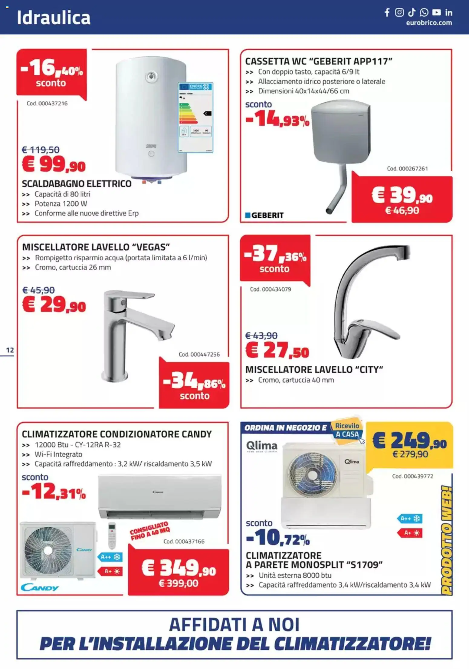 Volantino Eurobrico del 16.04.2026 | Pagina: 12 | Prodotti: Climatizzatore, Scaldabagno, Acqua, Lavello