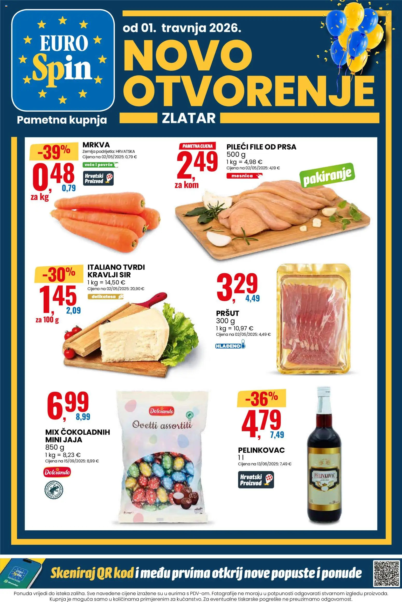 Eurospin katalog | vrijedi od 01.04.2026 | Stranica: 1 | Proizvodi: Pelinkovac, Jaja, Pileći file, Pršut