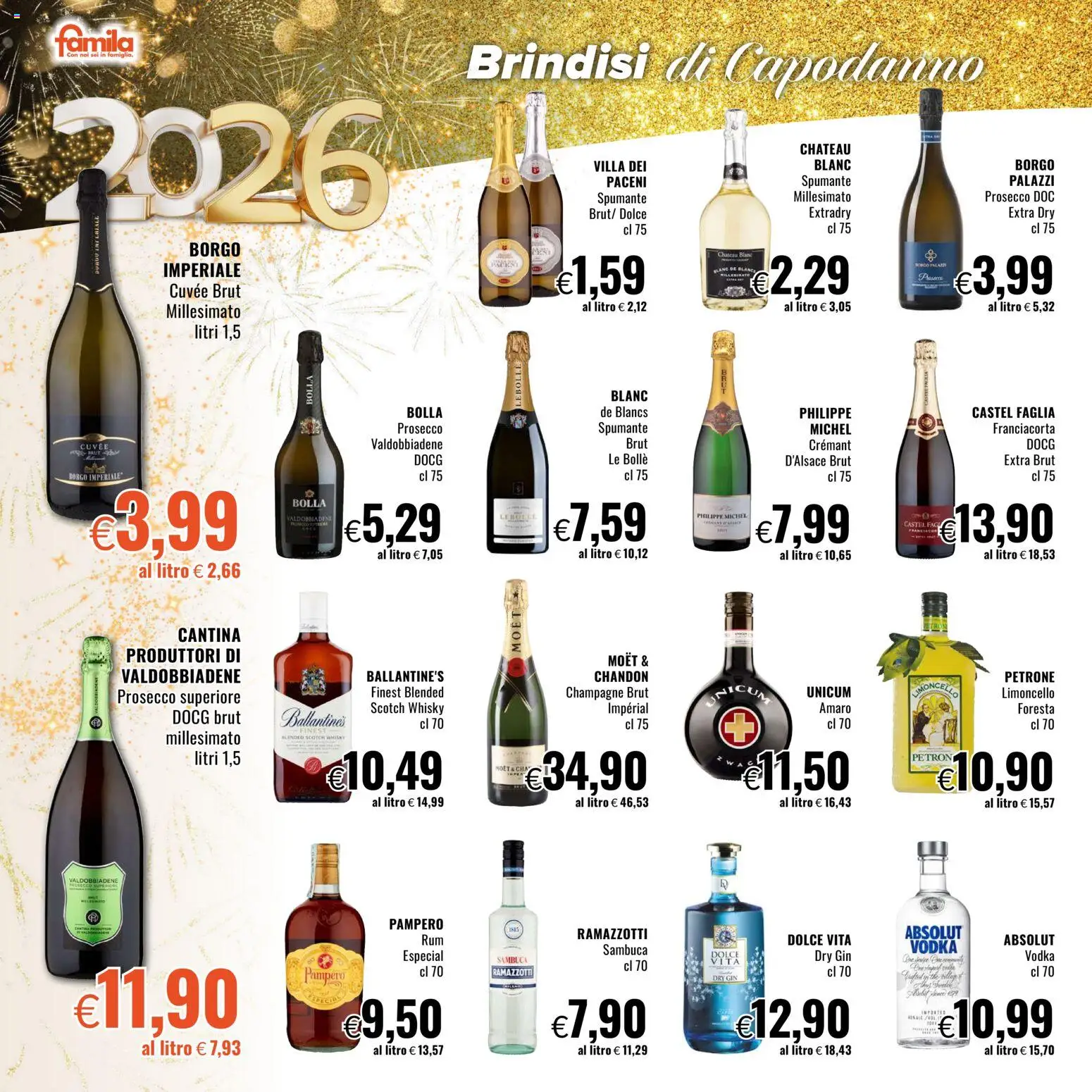 Volantino Famila del 28.12.2025 | Pagina: 2 | Prodotti: Vodka, Prosecco, Champagne, Limoncello