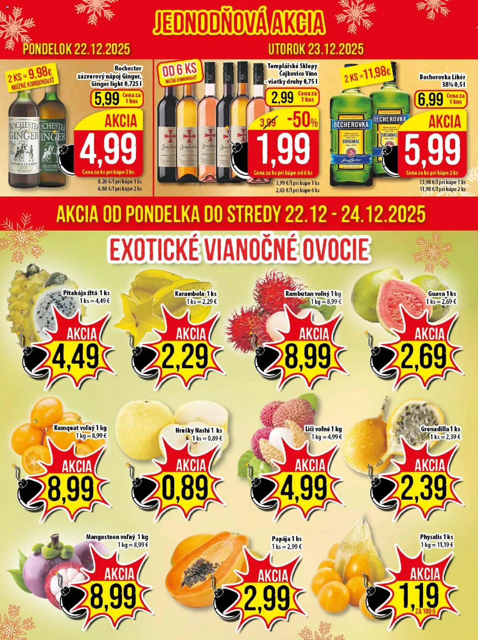 Nové Klas akcie – leták je platný od 15.12.2025 | Strana: 4 | Produkty: Liči, Becherovka, Víno, Hrušky