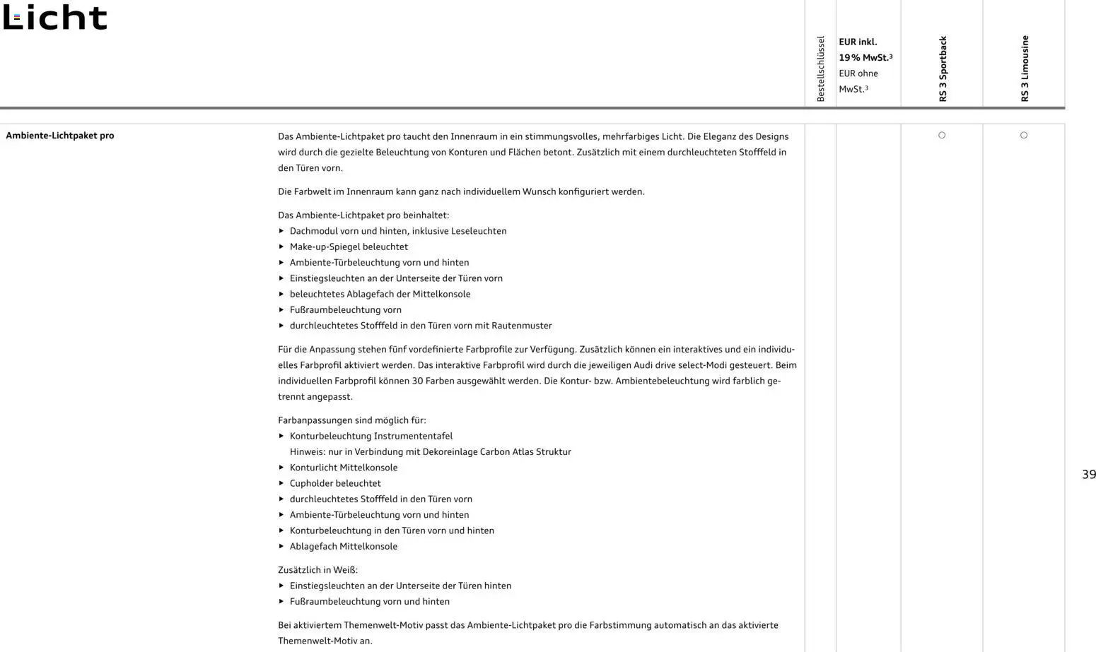 Audi RS 3 Sportback / RS 3 Limousine – gültig ab 25.10.2025 | Seite: 39