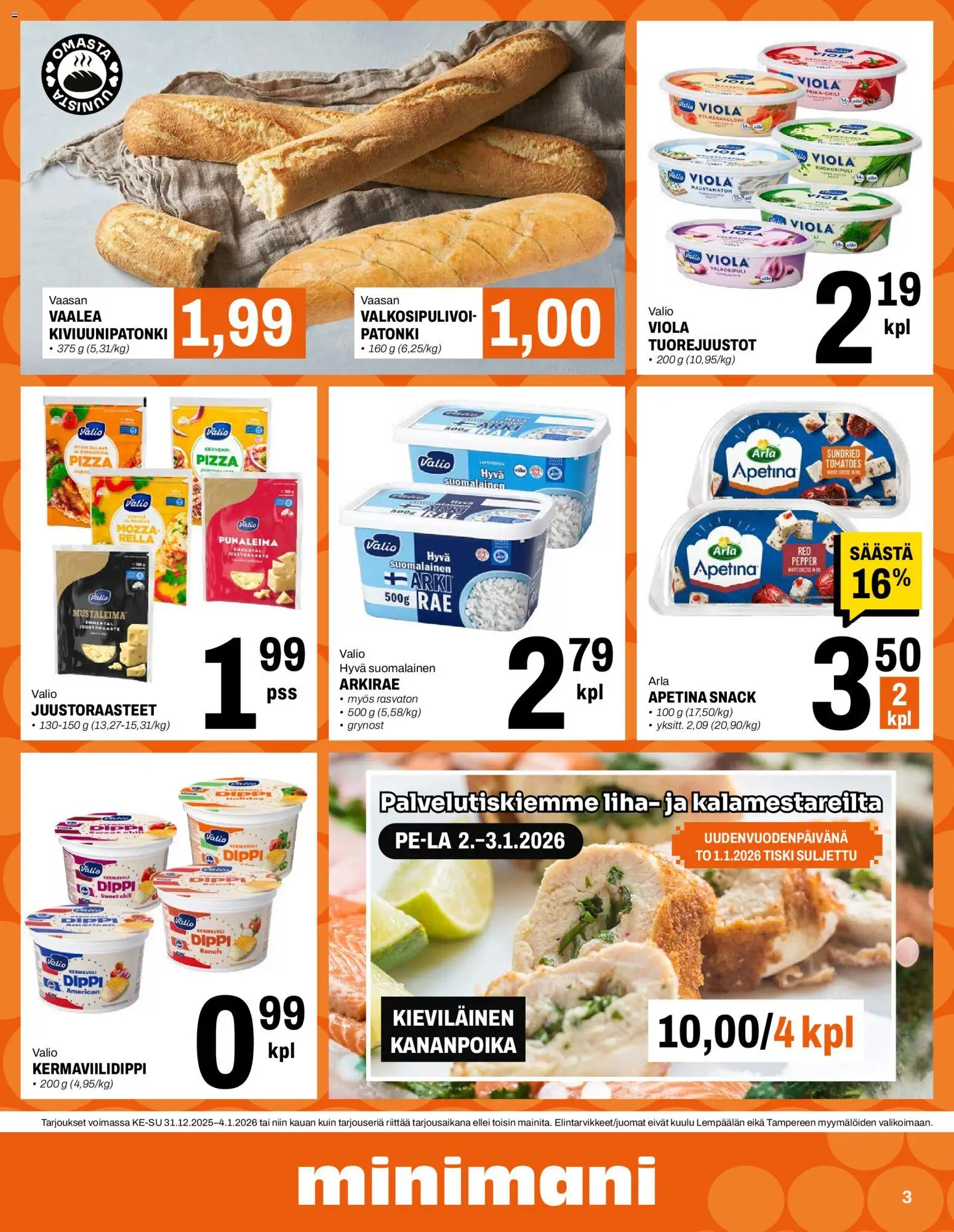 Minimani tarjoukset – voimassa 31.12.2025 alkaen | Sivu: 3 | Tuotteet: Emmental, Chili, Patonki, Pizza