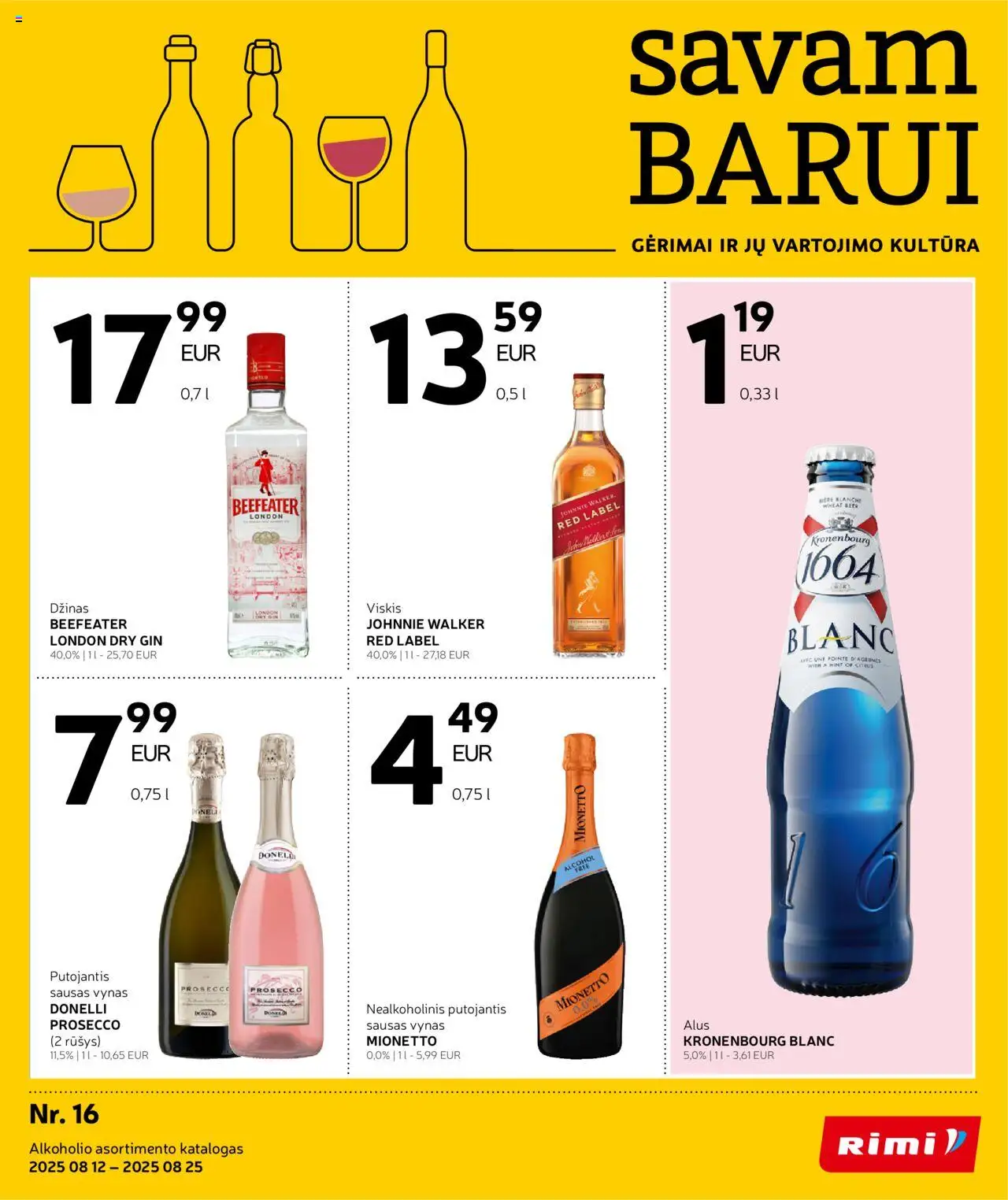 Rimi leidinys - Alkoholinių gėrimų│galioja nuo 12.08.2025 | Puslapis: 1 | Prekių: Viskis, Vynas, Alus, Džinas