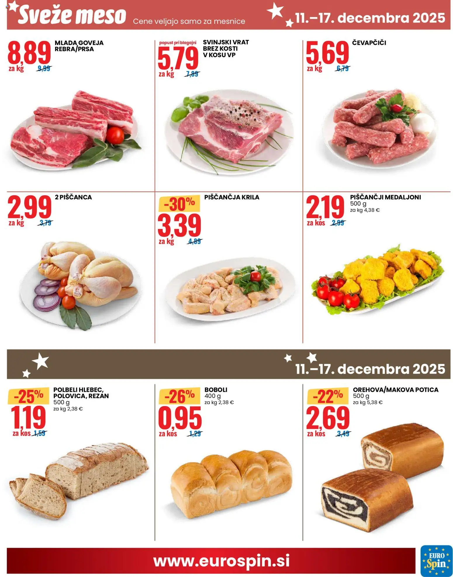 Novi Eurospin katalog ponudbe – veljaven od 11.12.2025 | Stran: 13 | Izdelki: Čevapčiči, Piščančja krila, Kos, Hlebec