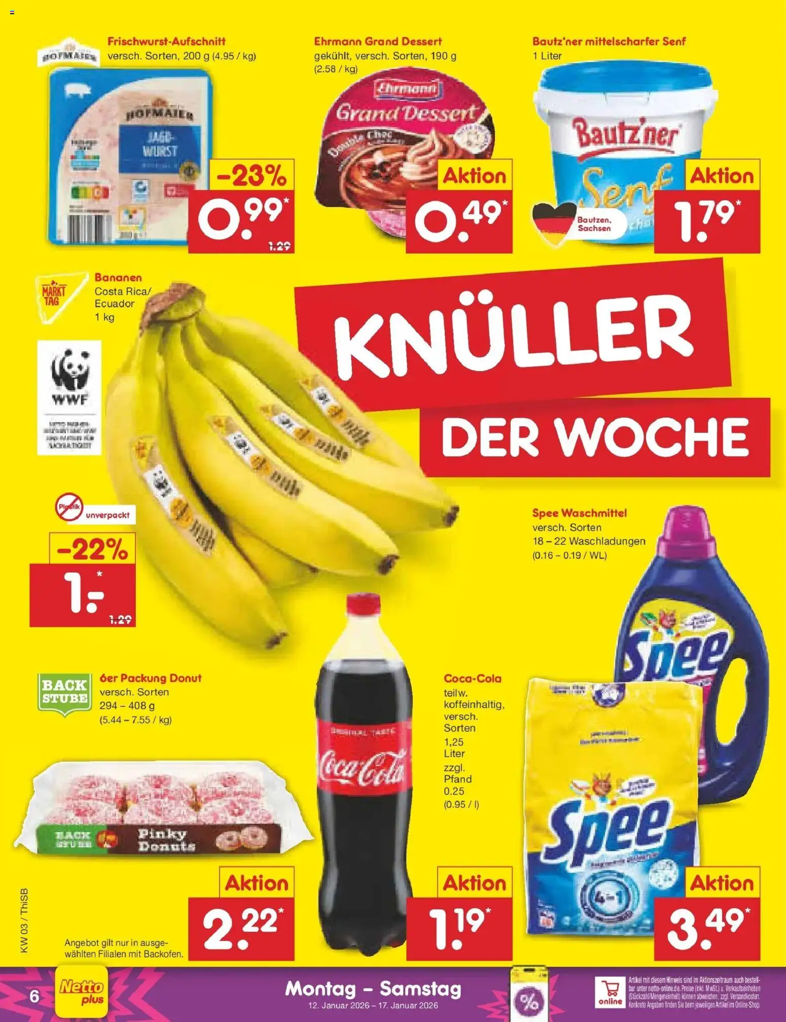 Netto Marken-Discount prospekt Pirna	 – gültig ab 12.01.2026 | Seite: 6 | Produkte: Cola, Ehrmann grand dessert, Bananen, Spee