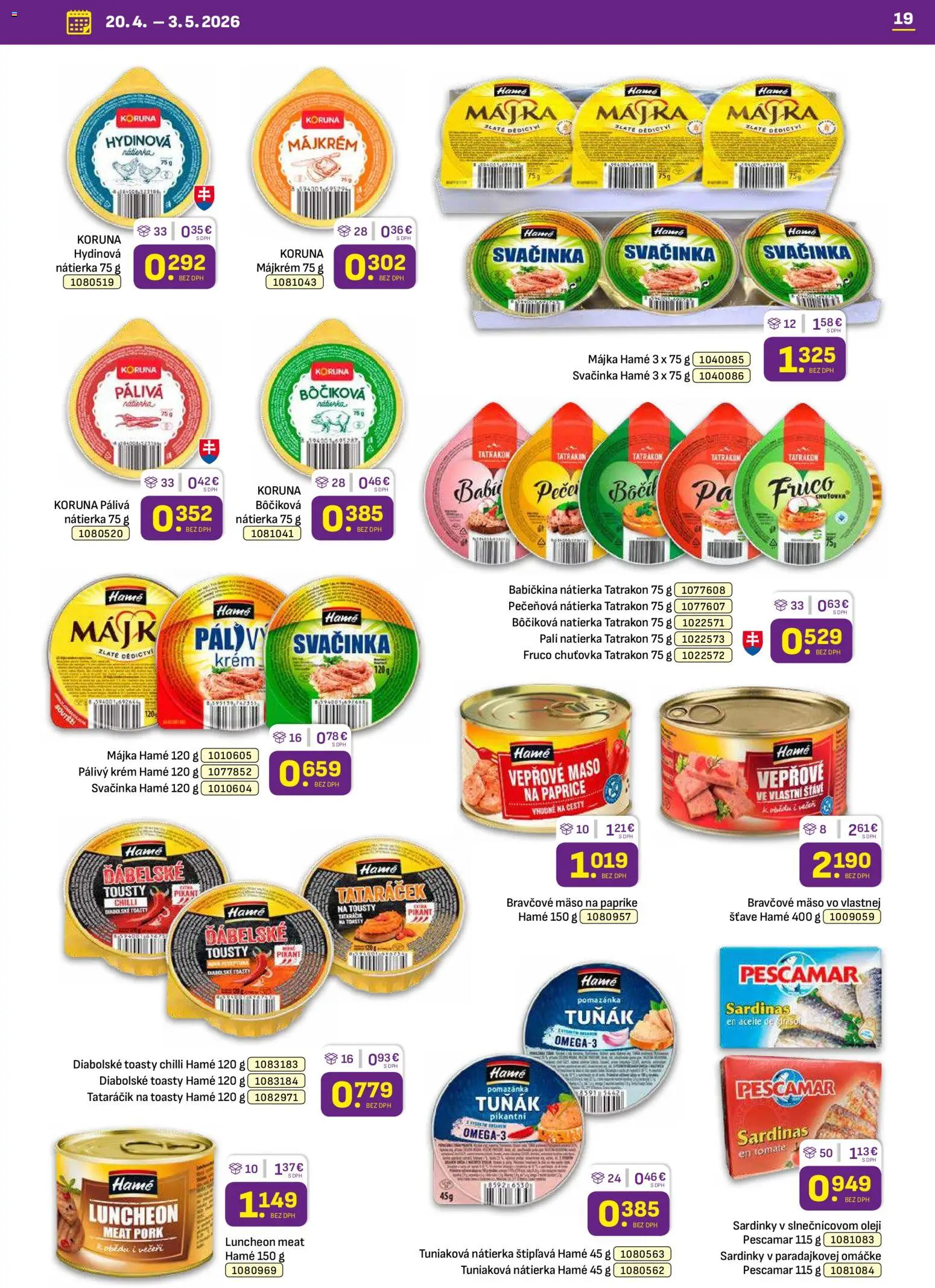 Nové Libex akcie – leták je platný od 20.04.2026 | Strana: 19 | Produkty: Sardinky, Chilli, Bravčové mäso, Krém