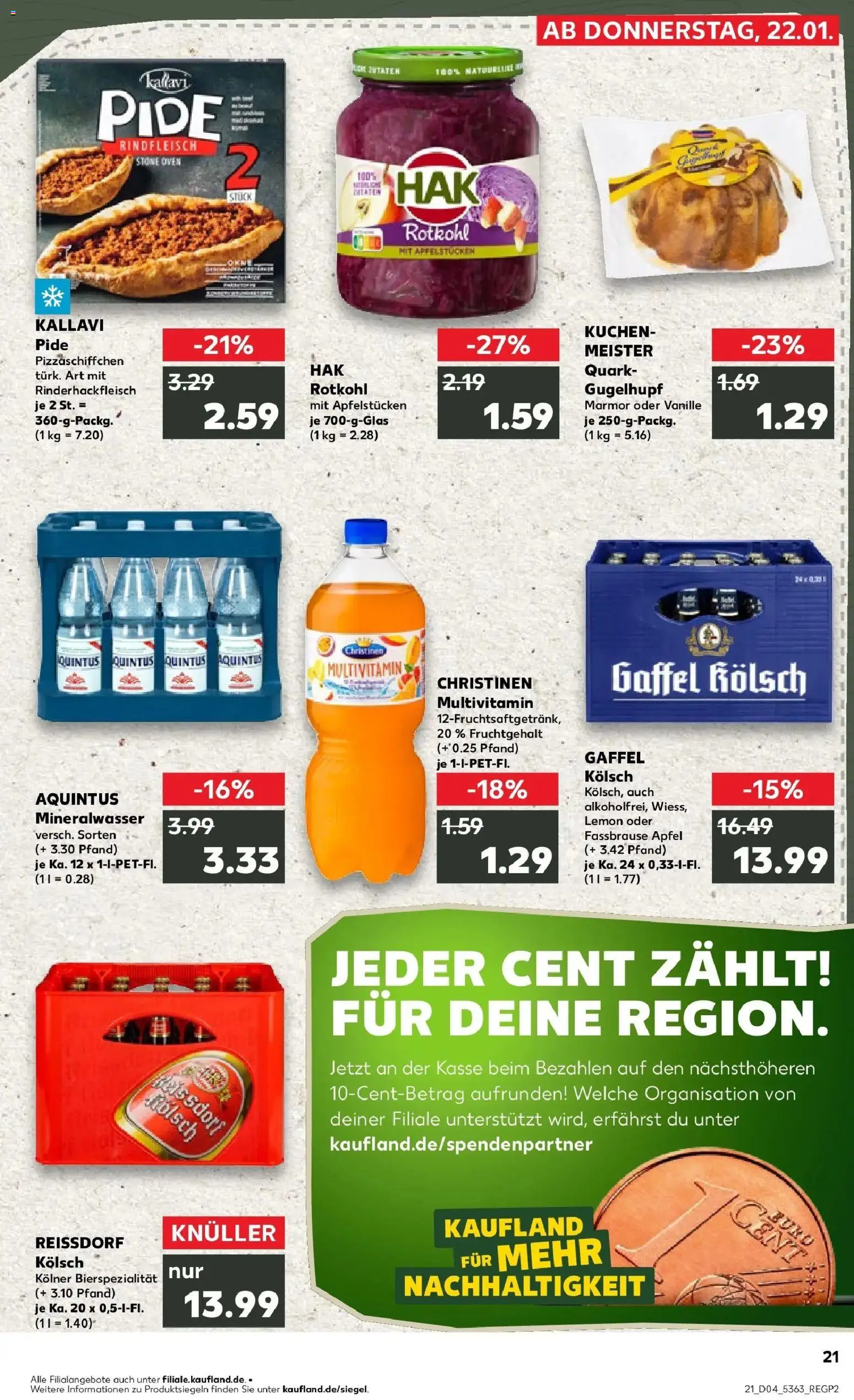 Kaufland prospekt Leverkusen	 – gültig ab 25.01.2026 | Seite: 21 | Produkte: Rotkohl, Mineralwasser, Fassbrause, Kuchen