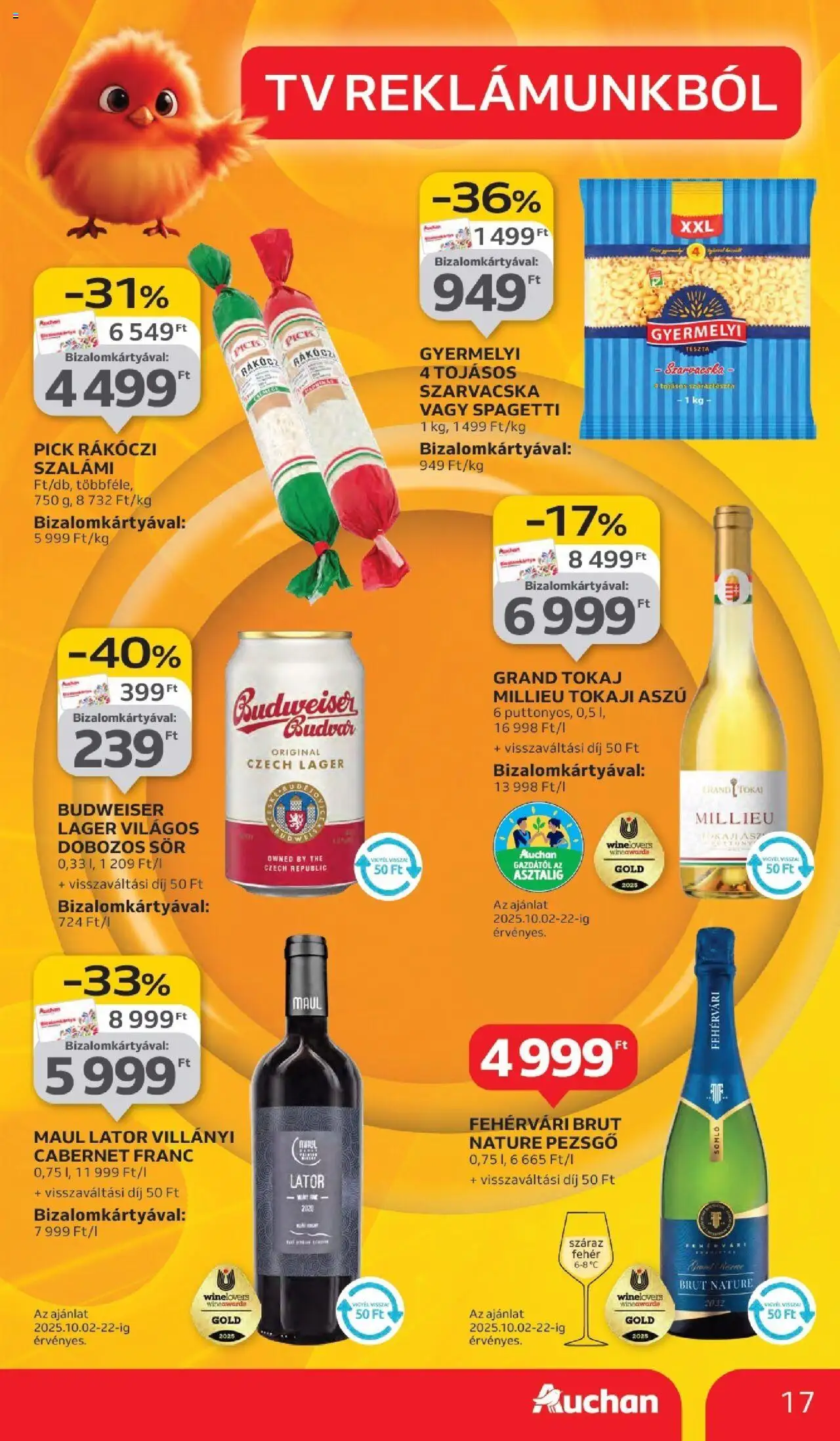 Auchan akciós ujság - amely érvényes a következő dátumtól: 02.10.2025 | Oldal: 17 | Termékek: Spagetti, Budweiser, TV, Szalámi