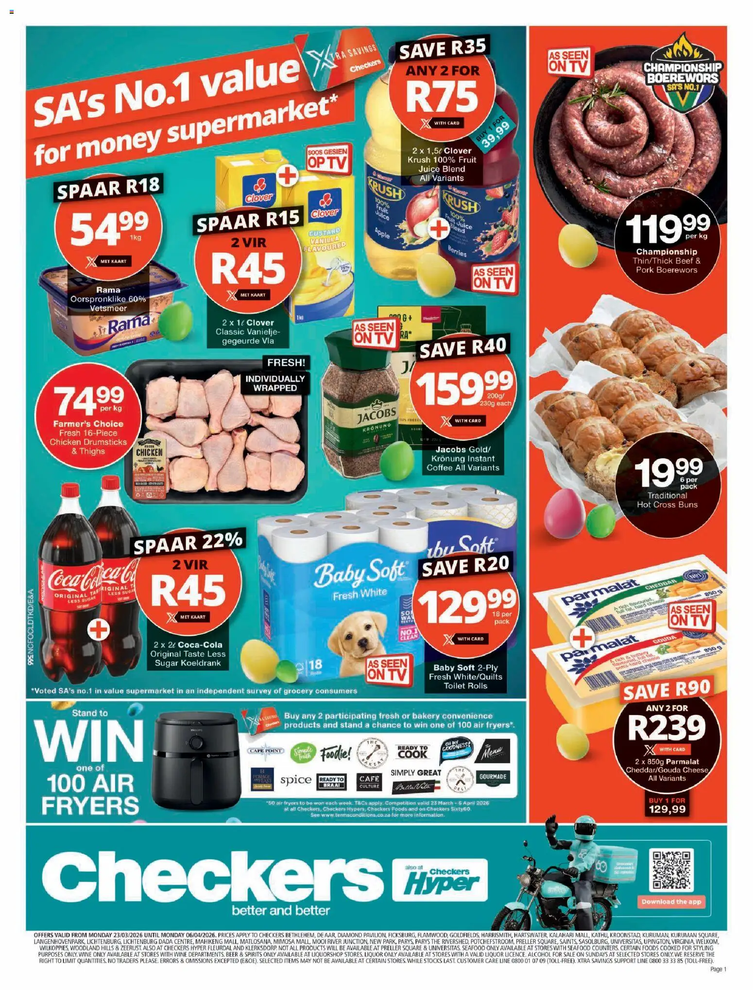New Checkers catalogue – valid from 23.03.2026 | Page: 1 | Products: Bakery, Boerewors, Beer, Seafood
