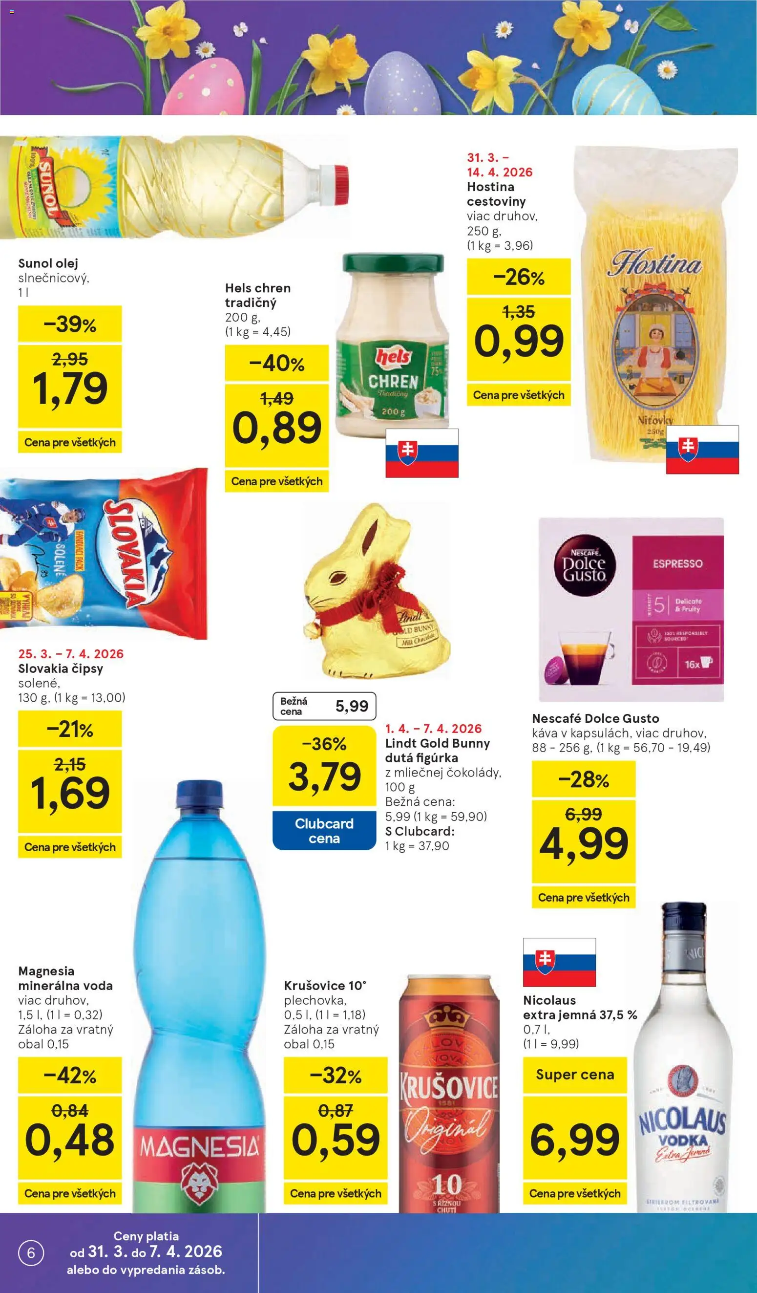 Nové Tesco akcie – leták je platný od 31.03.2026 | Strana: 6 | Produkty: Dolce Gusto, Lindt, Magnesia, Voda