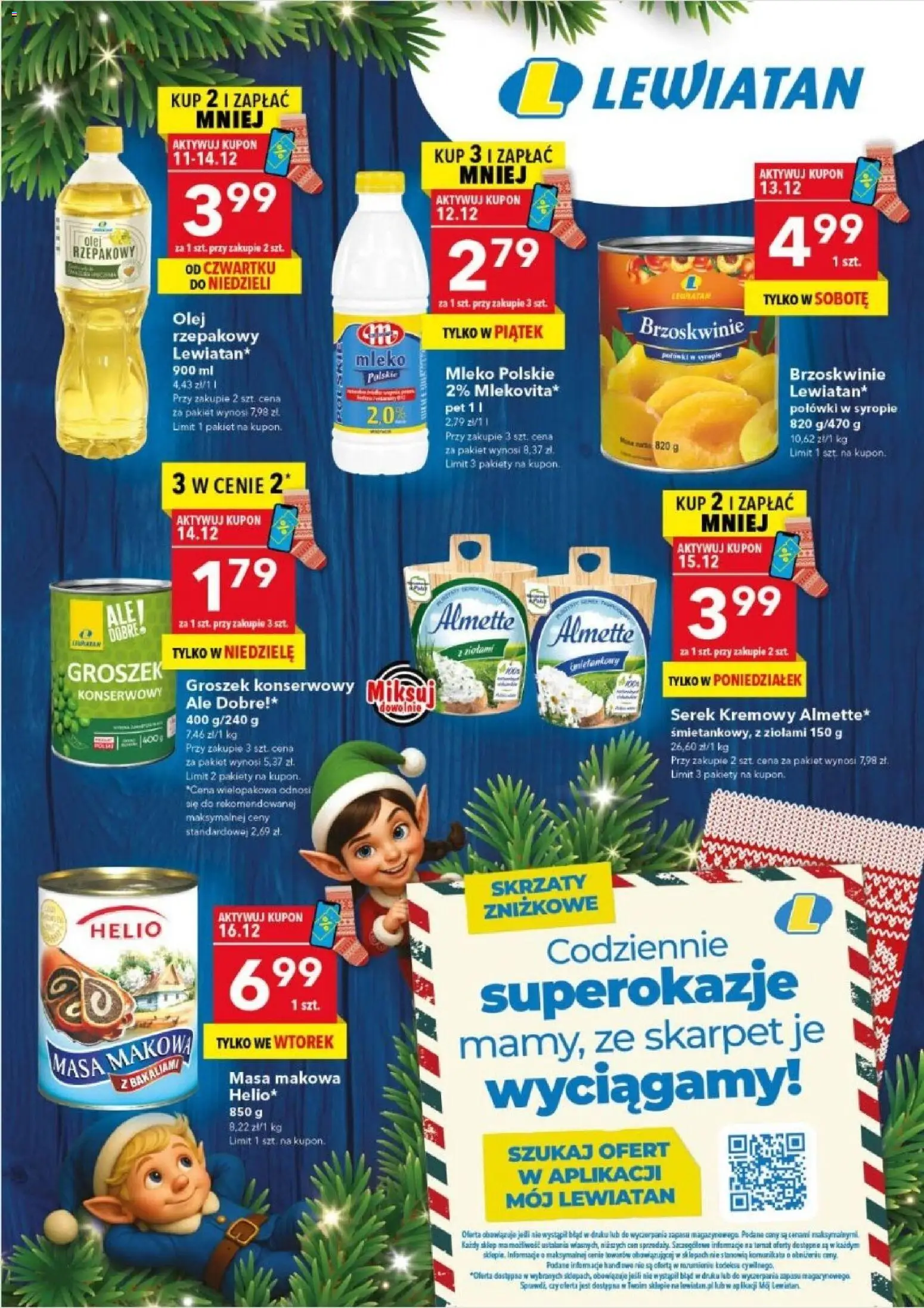 Lewiatan gazetka - Skrzaty Zniżkowe od 11.12.2025 | Strona: 1 | Produkty: Groszek, Groszek konserwowy, Mleko, Brzoskwinie
