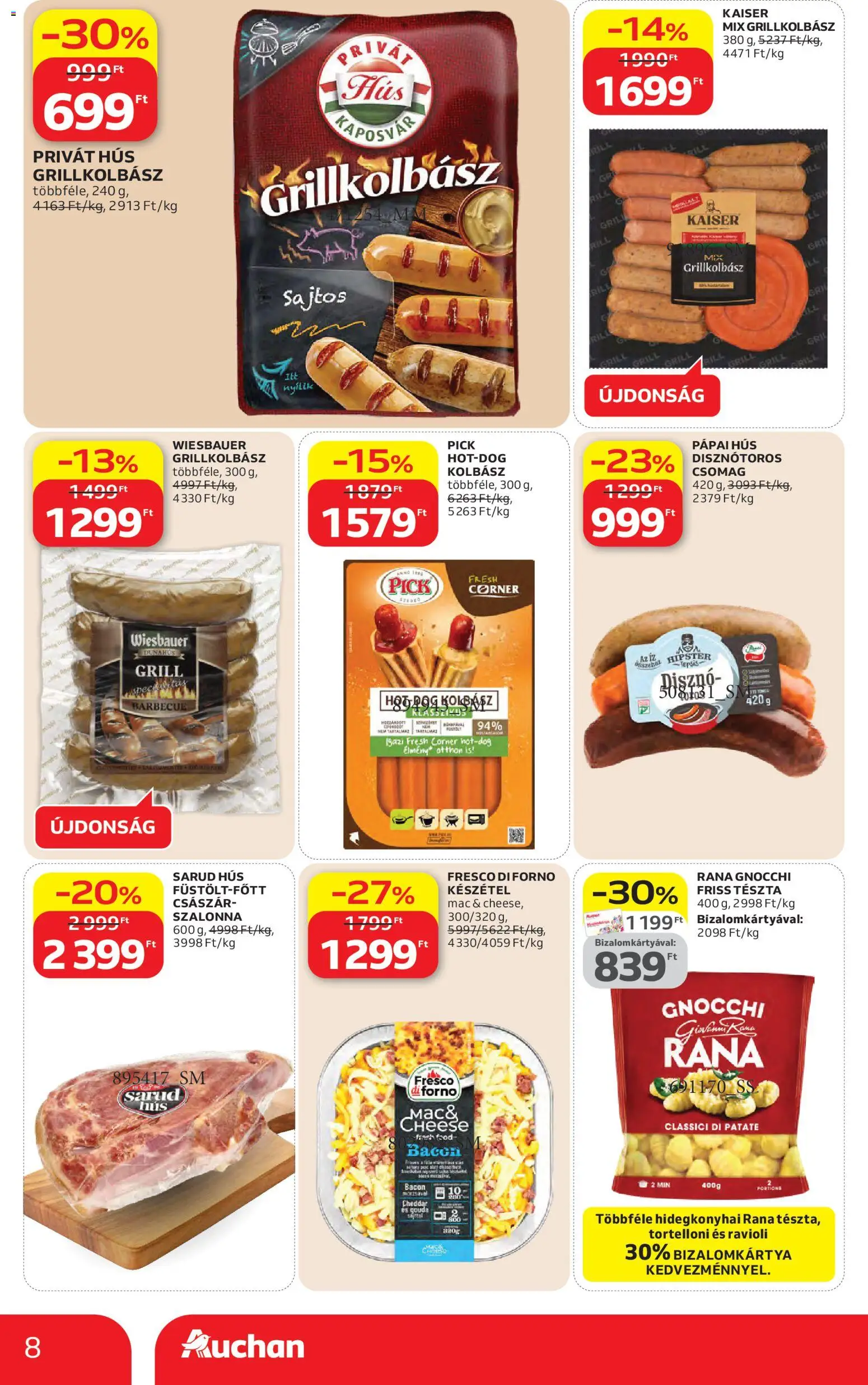 Auchan akciós ujság - amely érvényes a következő dátumtól: 23.04.2026 | Oldal: 8 | Termékek: Hús, Pick, Grill, Gnocchi