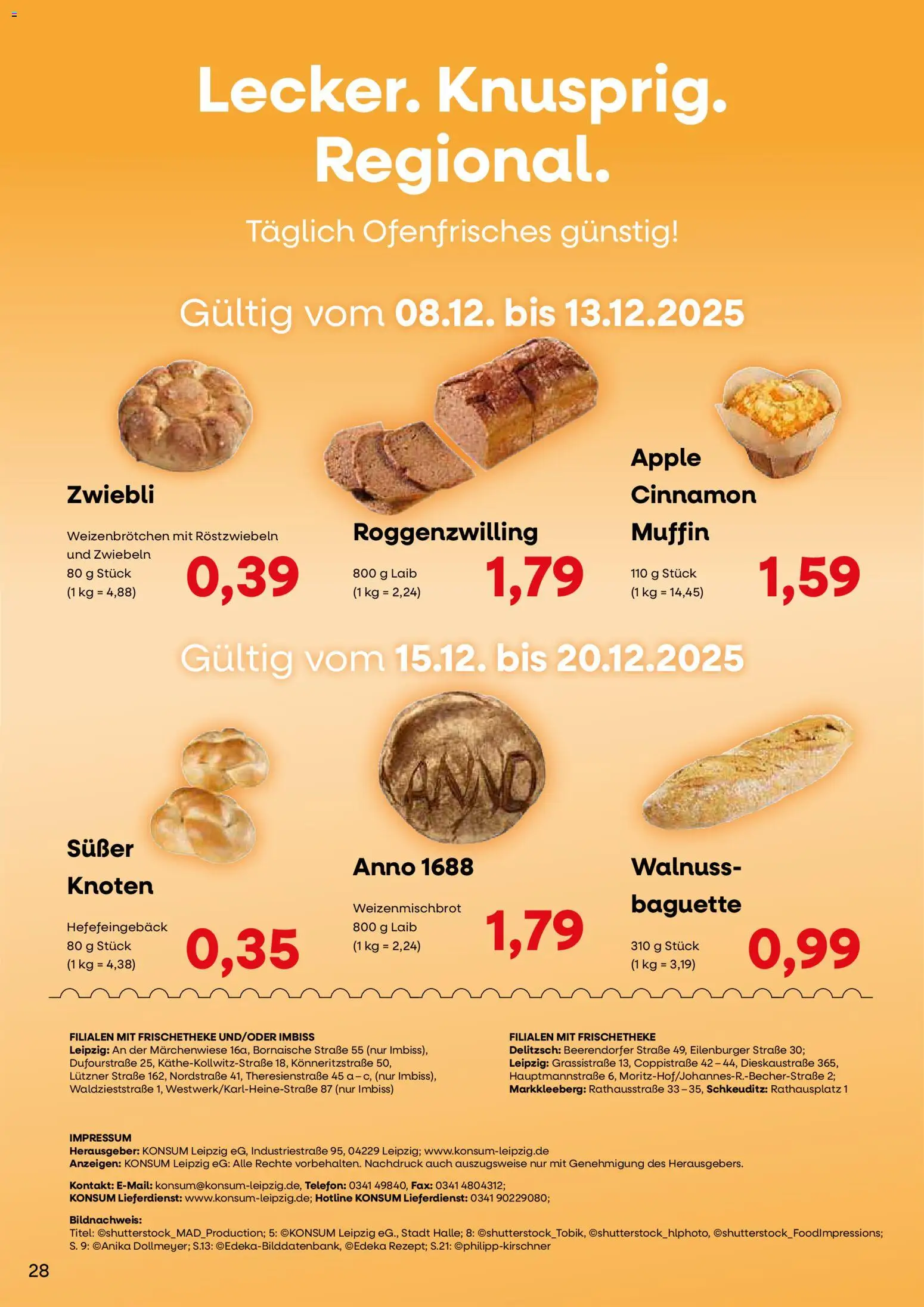KONSUM Leipzig Kunden-journal – gültig ab 08.12.2025 | Seite: 28 | Produkte: Baguette, Apple, Zwiebeln, Telefon