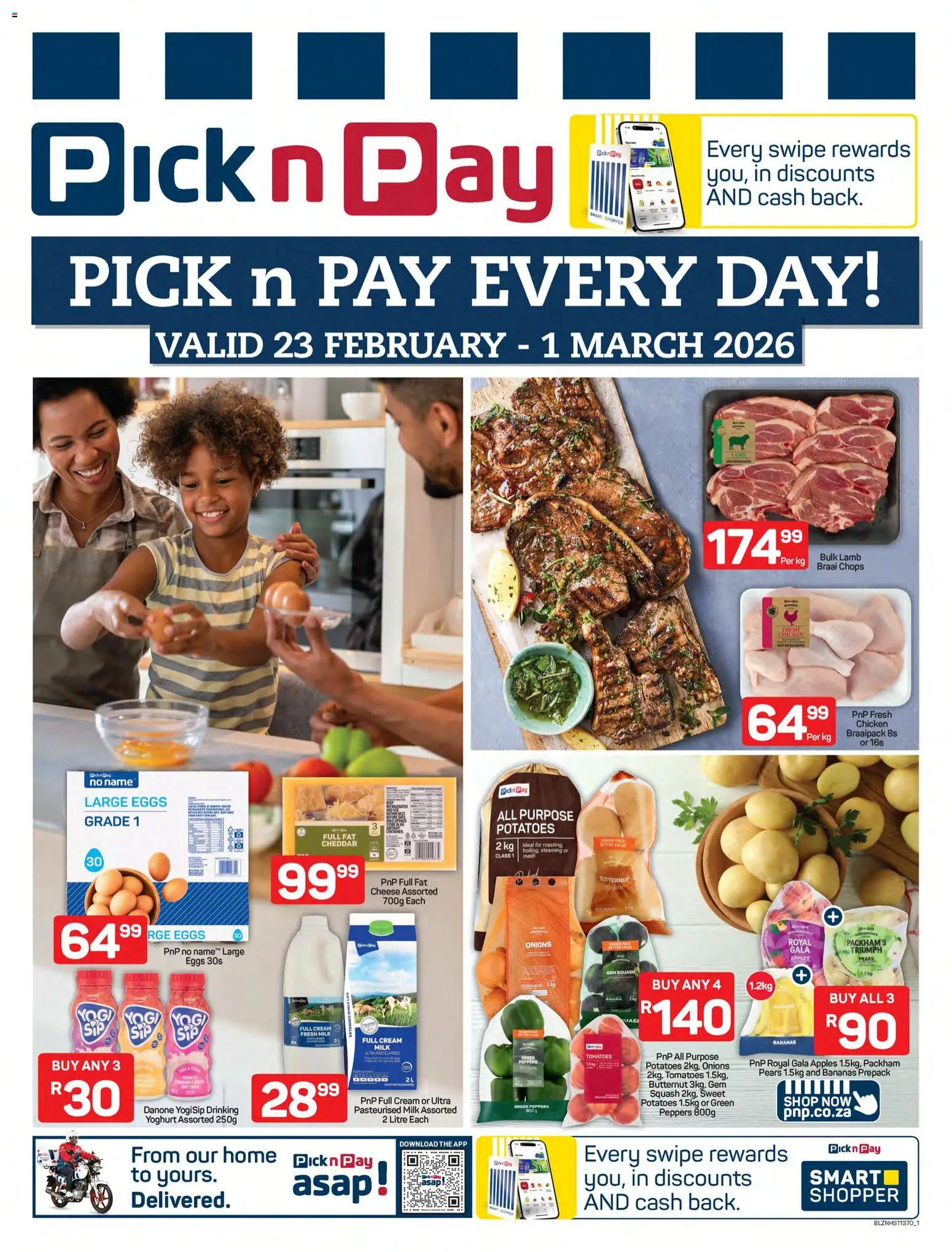 New Pick n Pay catalogue – valid from 23.02.2026 | Page: 1 | Products: Milk, Tomatoes, Bananas, Onions
