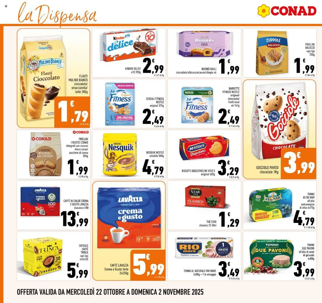 Volantino Conad del 22.10.2025 | Pagina: 14 | Prodotti: Zucchero, Cacao, Lavazza, Rustici
