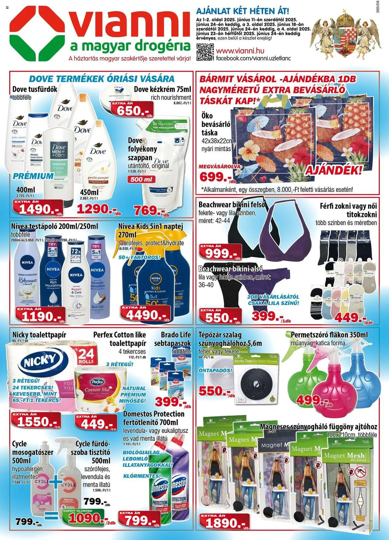 Vianni akciós ujság - amely érvényes a következő dátumtól: 11.06.2025 | Oldal: 1 | Termékek: Bikini, Szúnyogháló, Mosogatószer, Levendula