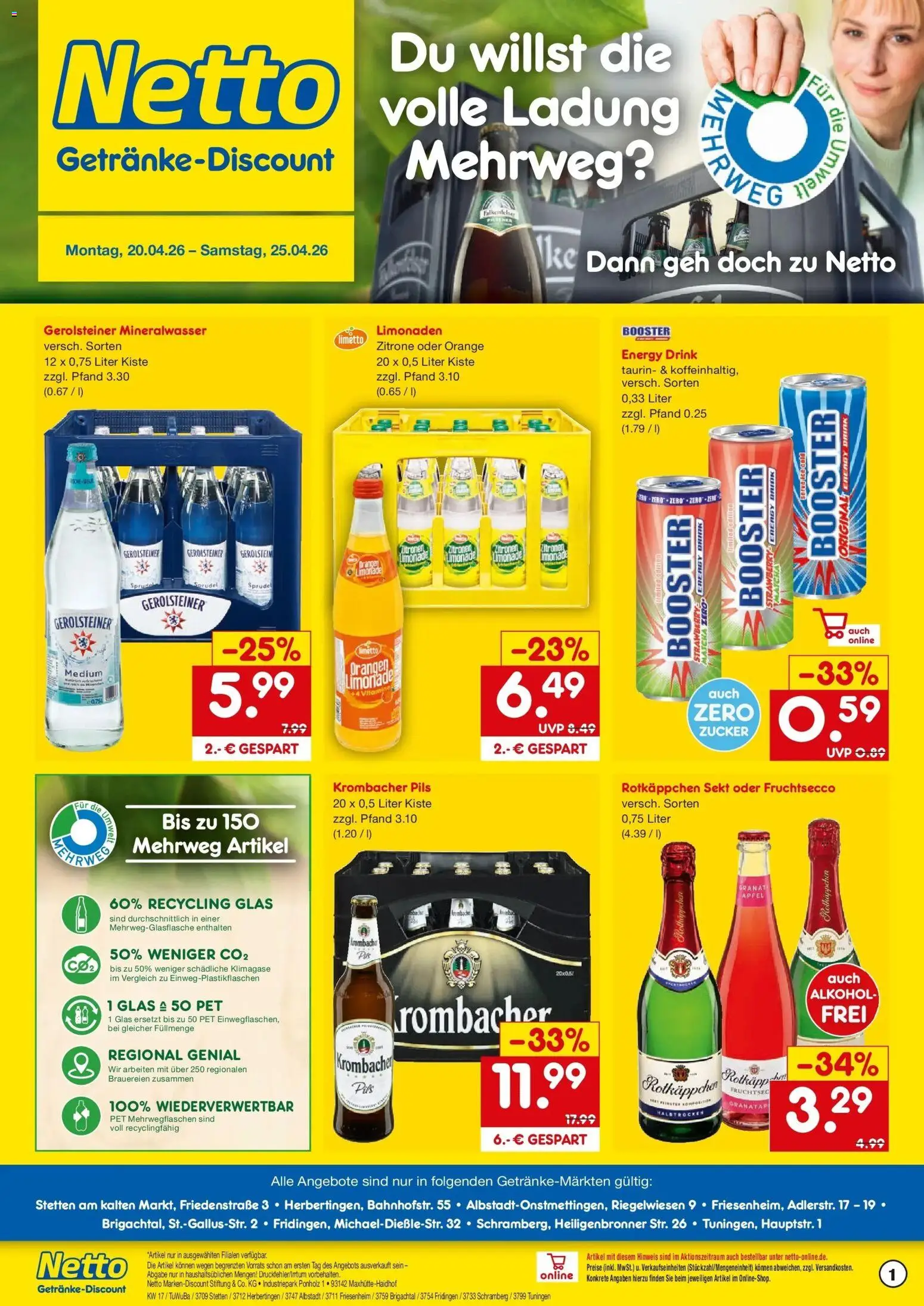 Netto Marken-Discount Prospekt Schramberg	 – gültig ab 20.04.2026 | Seite: 1 | Produkte: Orangen, Limonade, Zucker, Krombacher
