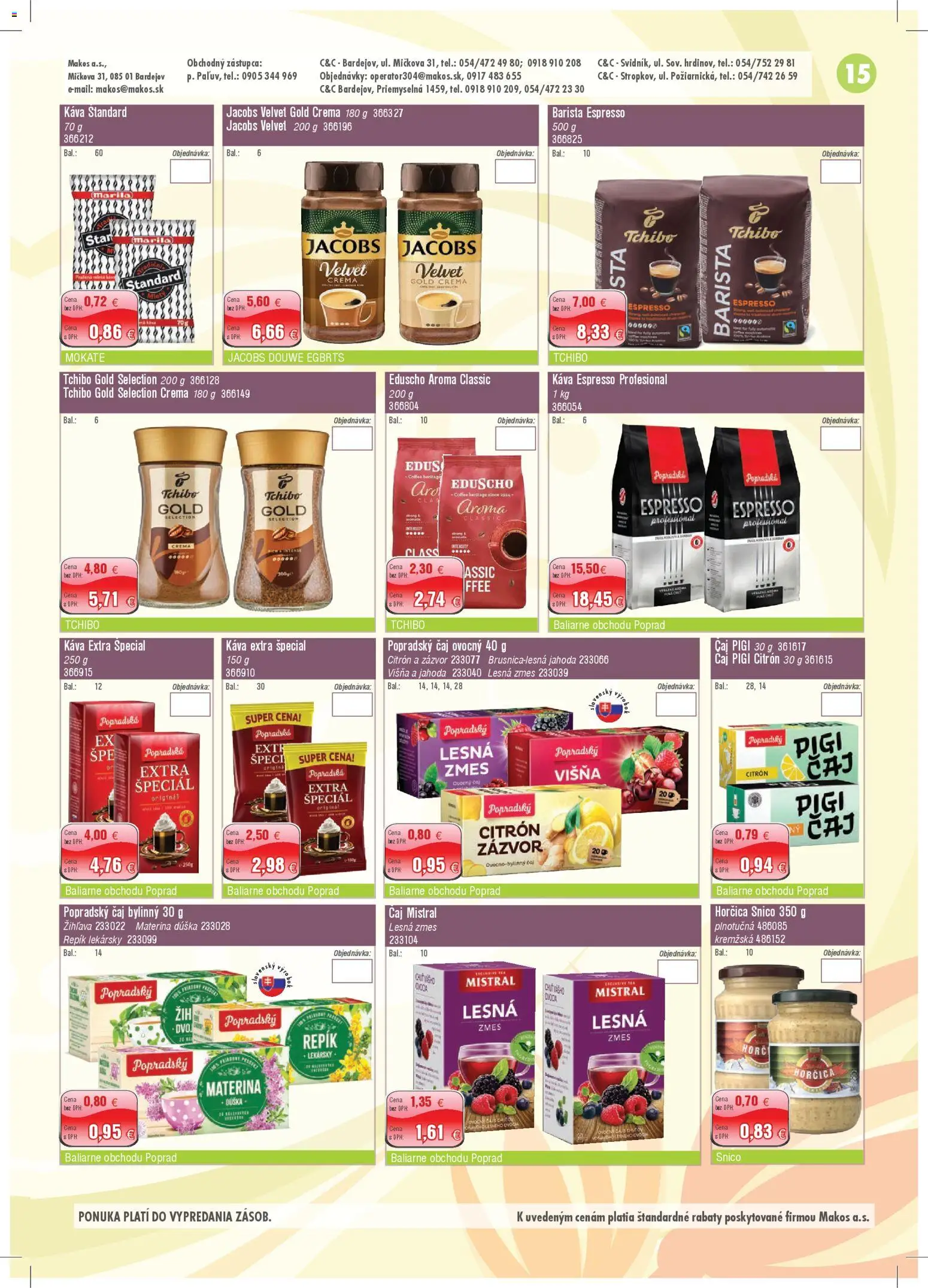 Nové Makos akcie – leták je platný od 06.04.2026 | Strana: 15 | Produkty: Jacobs Velvet, Zázvor, Káva, Barista