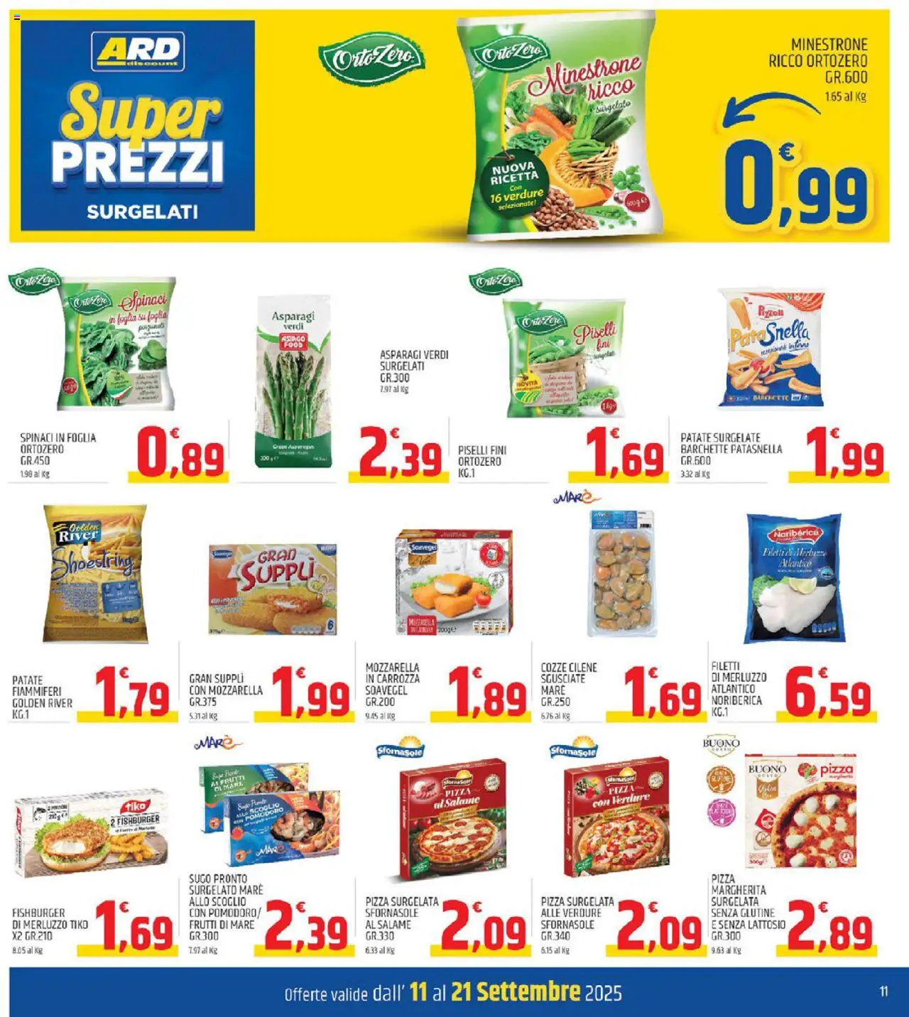 Volantino ARD Discount del 11.09.2025 | Pagina: 11 | Prodotti: Minestrone, Merluzzo, Patate, Mozzarella