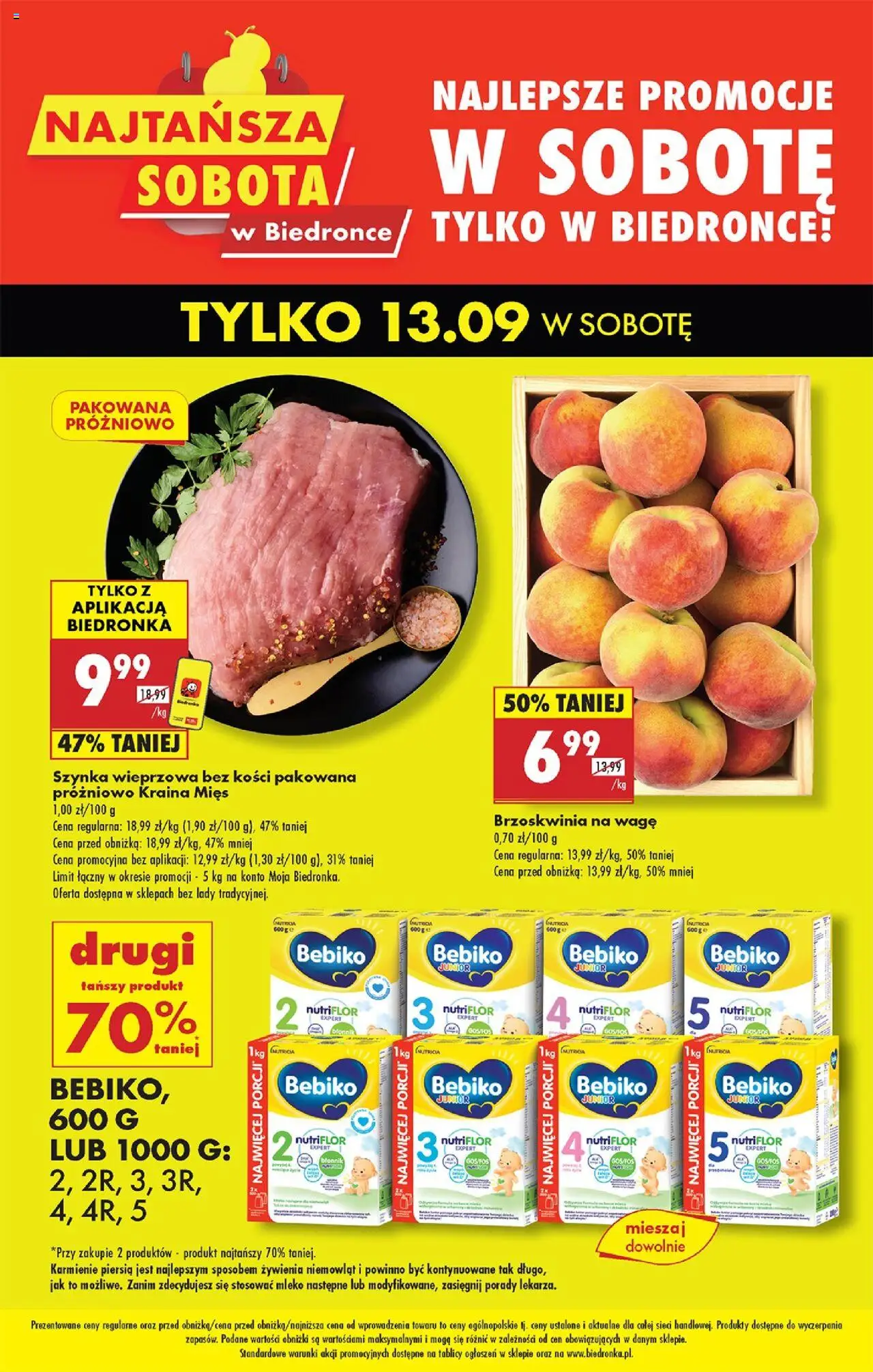Biedronka gazetka - Najtańsza sobota od 13.09.2025 | Strona: 1 | Produkty: Brzoskwinia, Kraina mięs, Szynka, Mleko