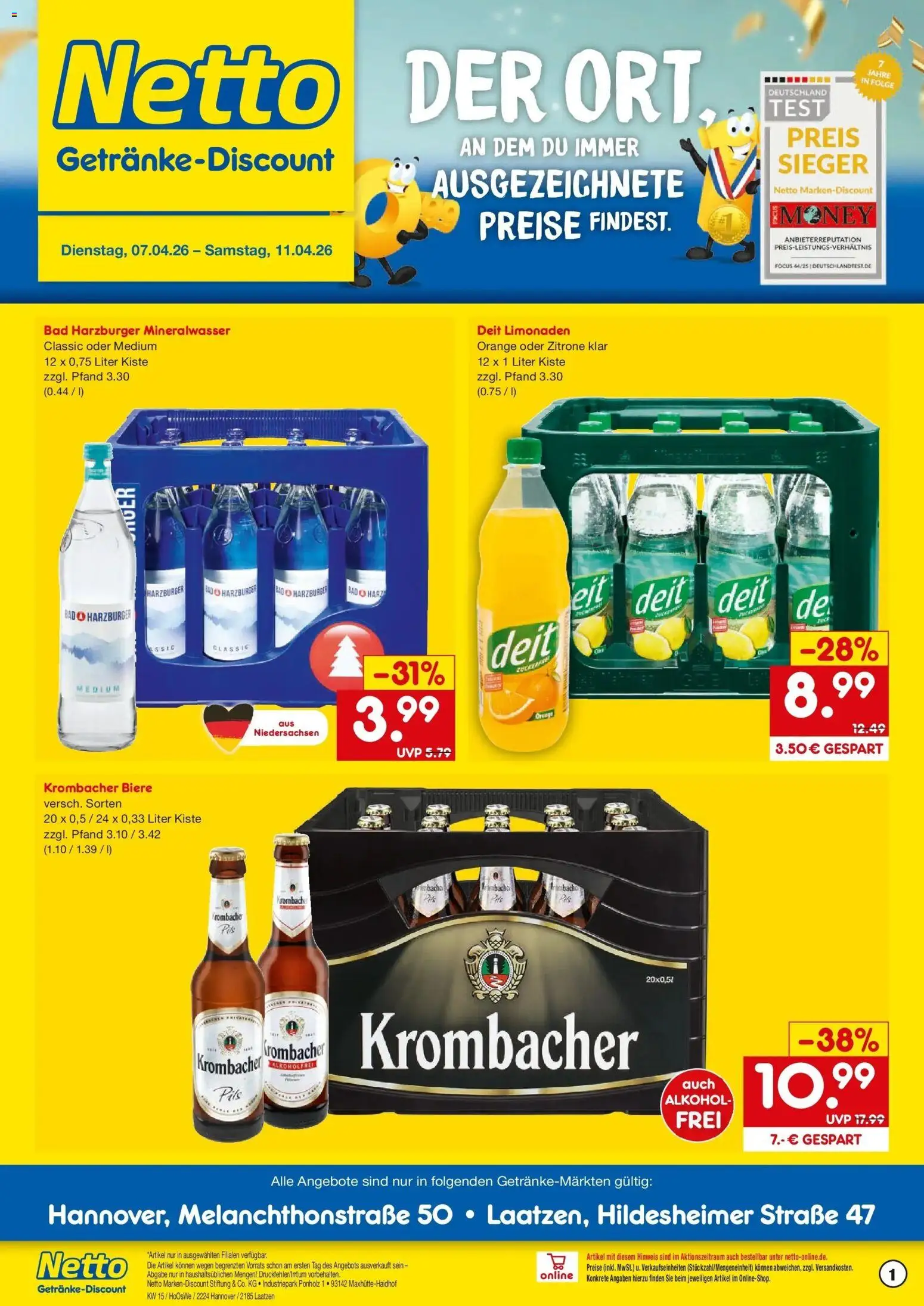 Netto Marken-Discount Prospekt Laatzen	 – gültig ab 07.04.2026 | Seite: 1 | Produkte: Bad, Pils, Mineralwasser, Zitrone