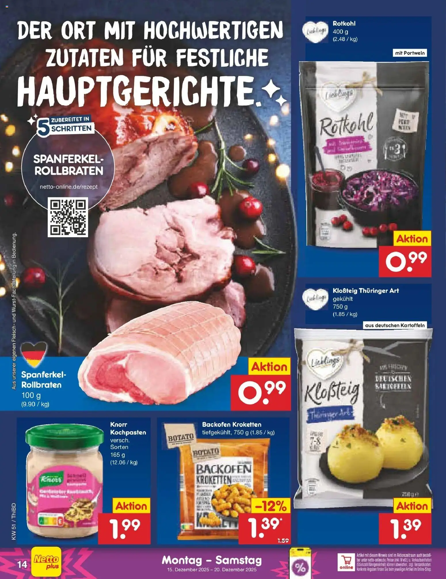 Netto Marken-Discount prospekt Thiendorf	 – gültig ab 15.12.2025 | Seite: 14 | Produkte: Rotkohl, Knorr, Backofen, Fleisch